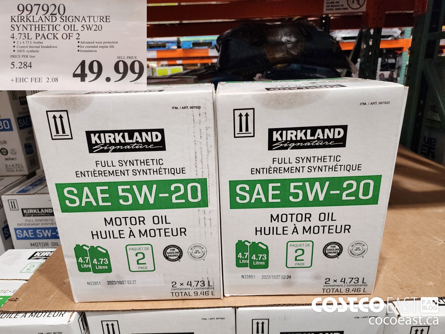 997920 KIRKLAND SIGNATURE SYNTHETIC OIL 5W20 4.73L PACK OF 2 $49.99