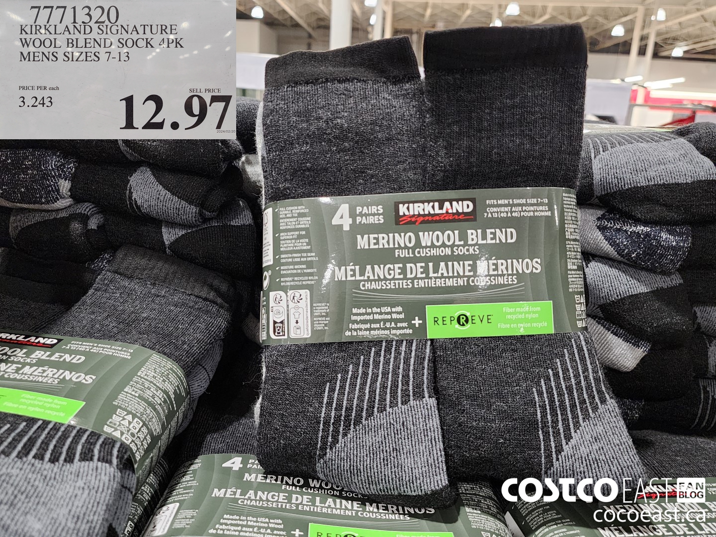 7771320 KIRKLAND SIGNATURE WOOL BLEND SOCKS 4PK MENS SIZES 7-13 $12.97