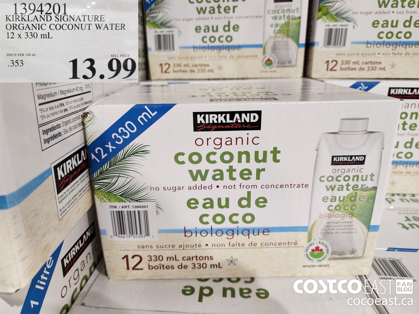 1394201 KIRKLAND SIGNATURE ORGANIC COCONUT WATER 12 X 330 ML $13.99