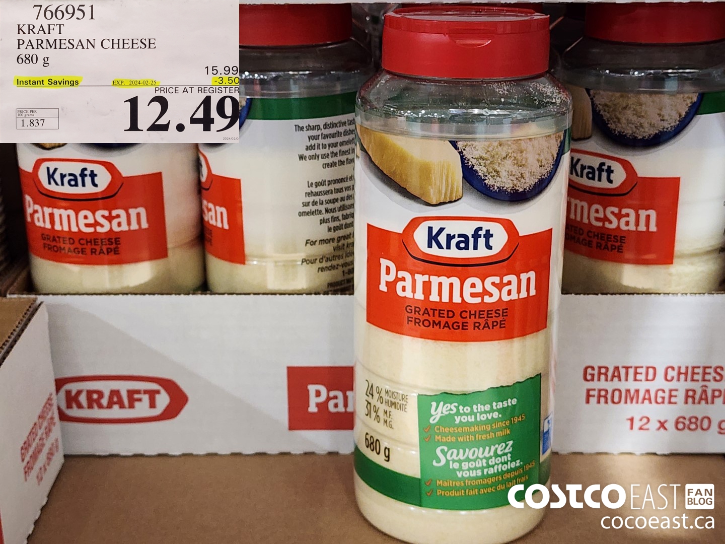 766951 KRAFT PARMESAN CHEESE 680 G ($3.50 INSTANT SAVINGS EXPIRES ON 2024-02-25) $12.49