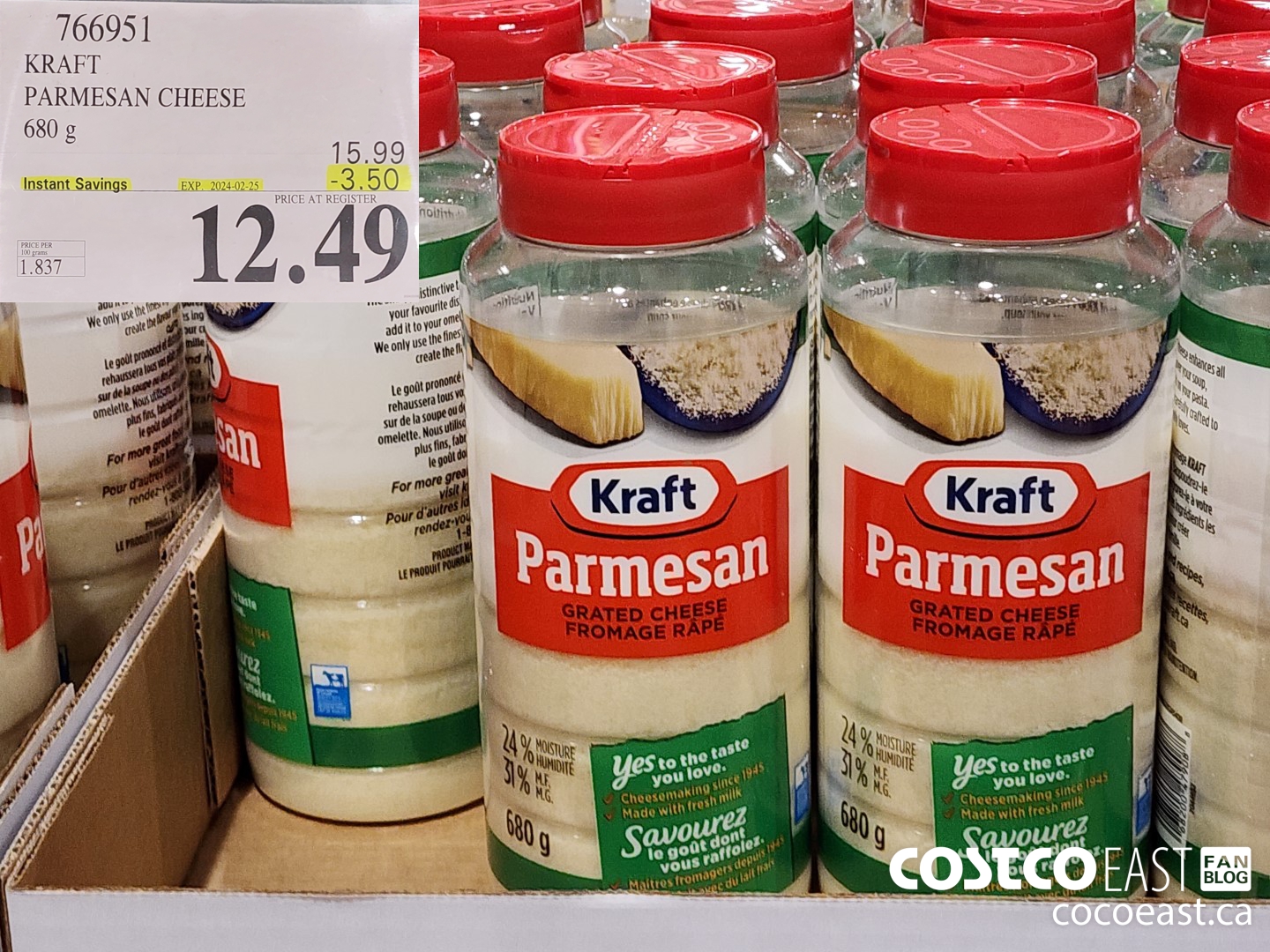 766951 KRAFT PARMESAN CHEESE 680 G ($3.50 INSTANT SAVINGS EXPIRES ON 2024-02-25) $12.49