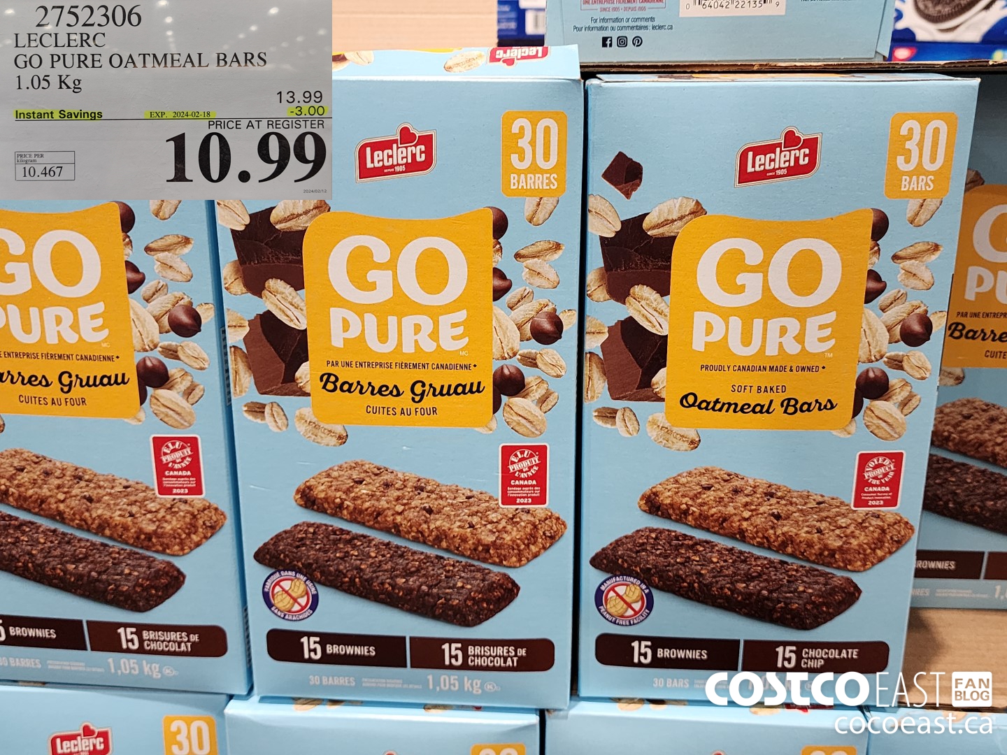 2752306 LECLERC GO PURE OATMEAL BARS 1.05 Kg ($3.00 INSTANT SAVINGS EXPIRES ON 2024-02-18) $10.99
