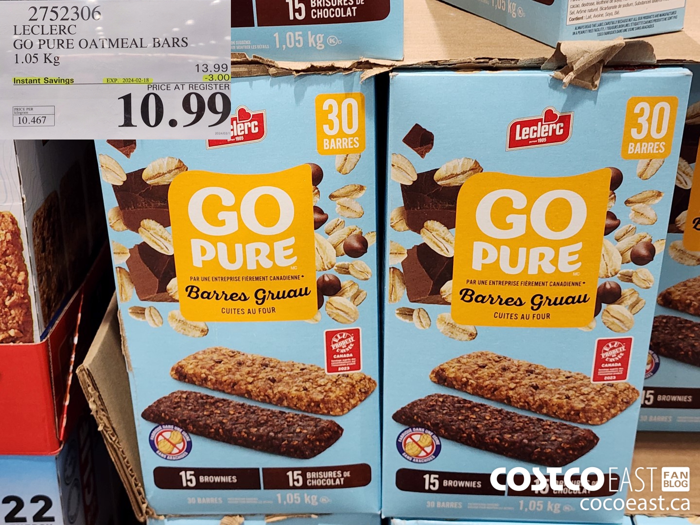 2752306 LECLERC GO PURE OATMEAL BARS 1.05 Kg ($3.00 INSTANT SAVINGS EXPIRES ON 2024-02-18) $10.99