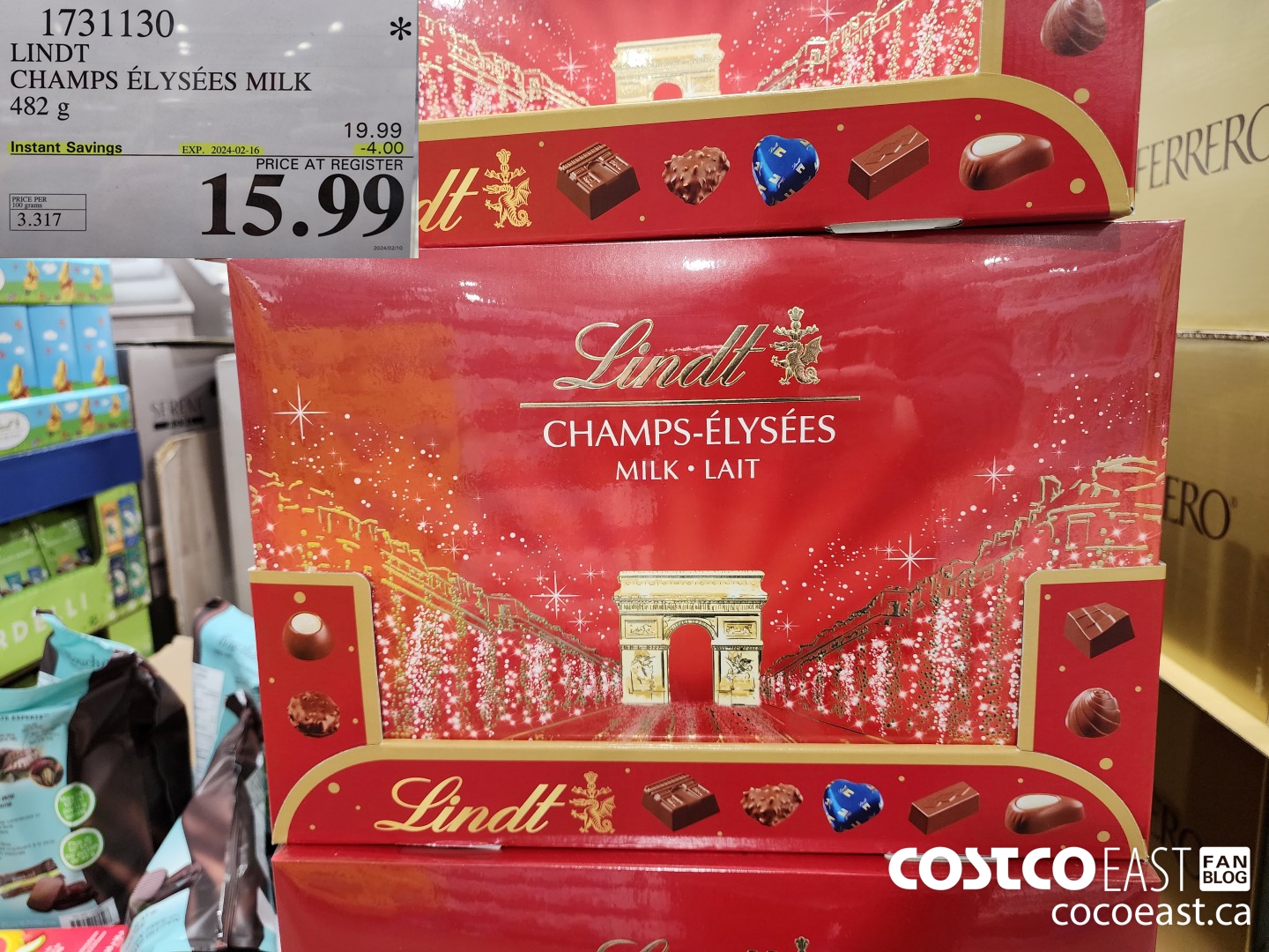 1731130 LINDT CHAMPS ELYSEES MILK 482 g ($4.00 INSTANT SAVINGS EXPIRES ON 2024-02-16) $15.99