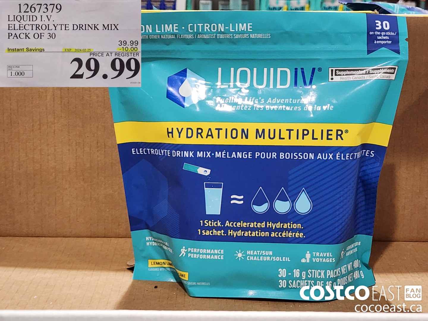 1267379 LIQUID I.V. ELECTROLYTE DRINK MIX PACK OF 30 ($10.00 INSTANT SAVINGS EXPIRES ON 2024-02-25) $29.99