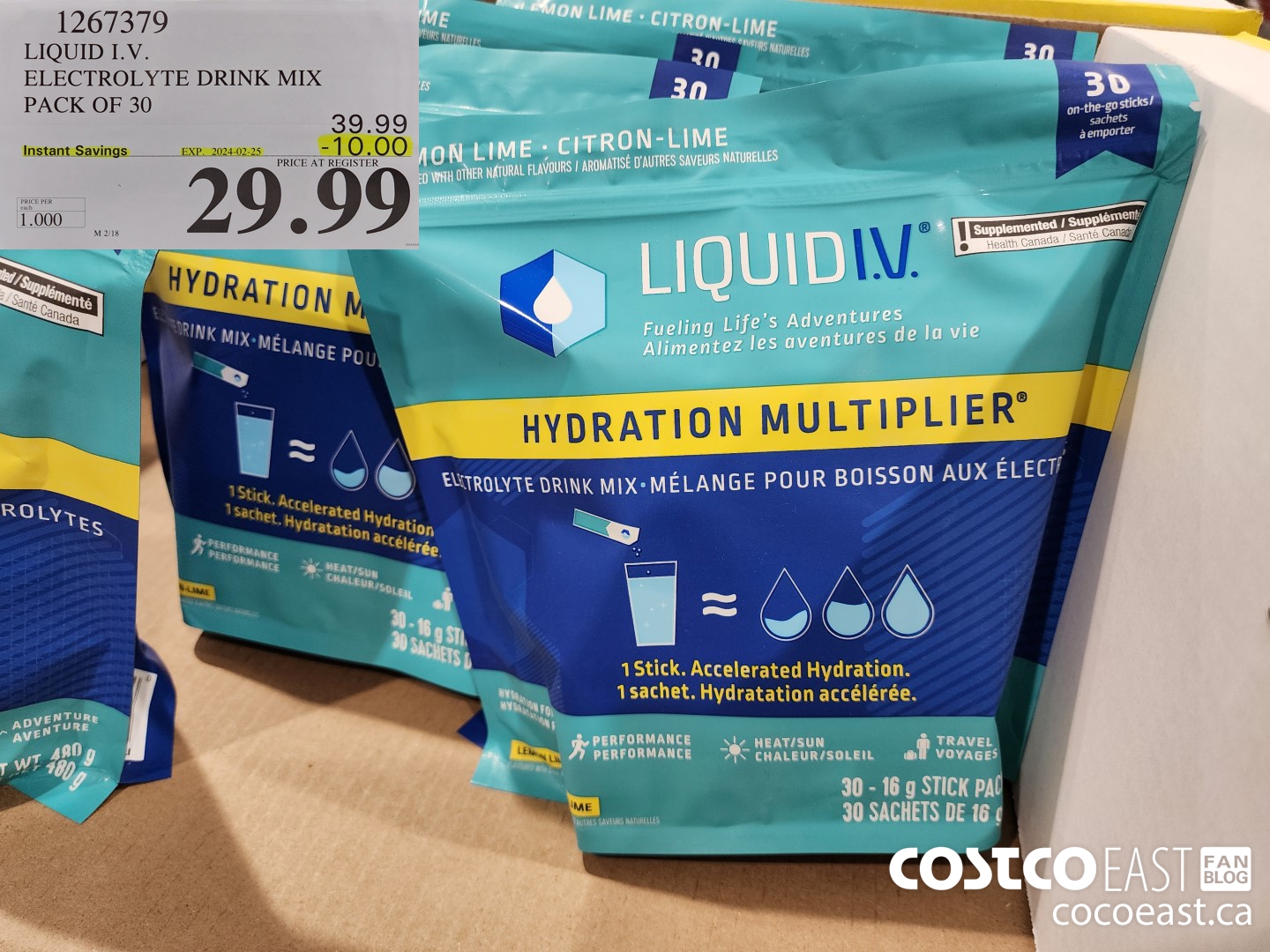 1267379 LIQUID I.V. ELECTROLYTE DRINK MIX PACK OF 30 ($10.00 INSTANT SAVINGS EXPIRES ON 2024-02-25) $29.99