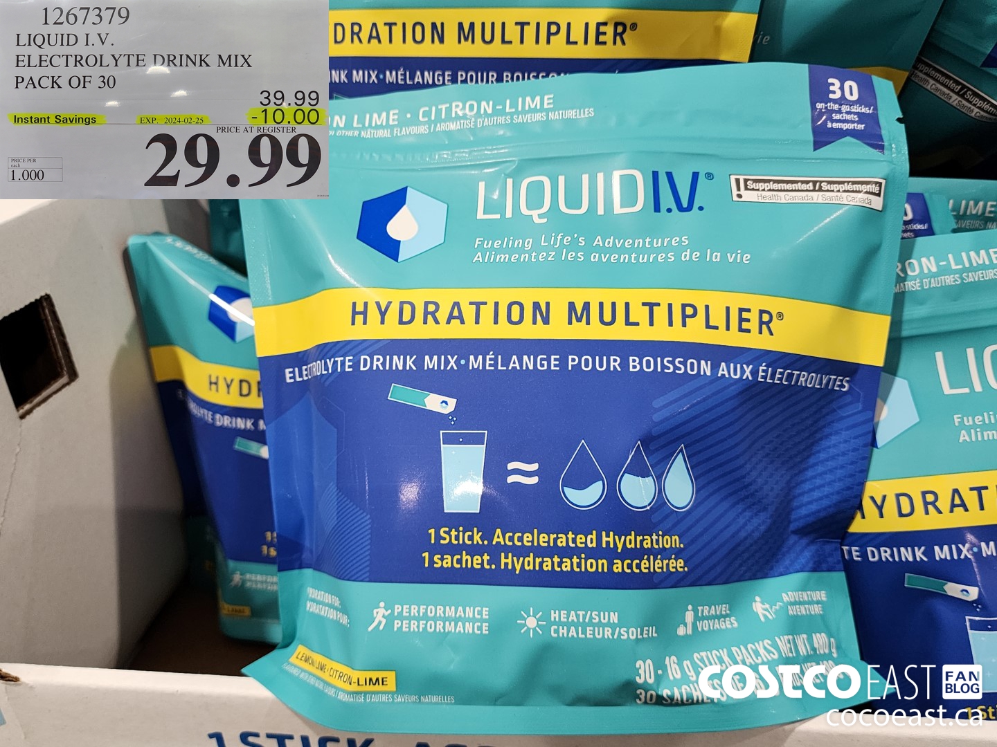 1267379 LIQUID I.V. ELECTROLYTE DRINK MIX PACK OF 30 ($10.00 INSTANT SAVINGS EXPIRES ON 2024-02-25) $29.99