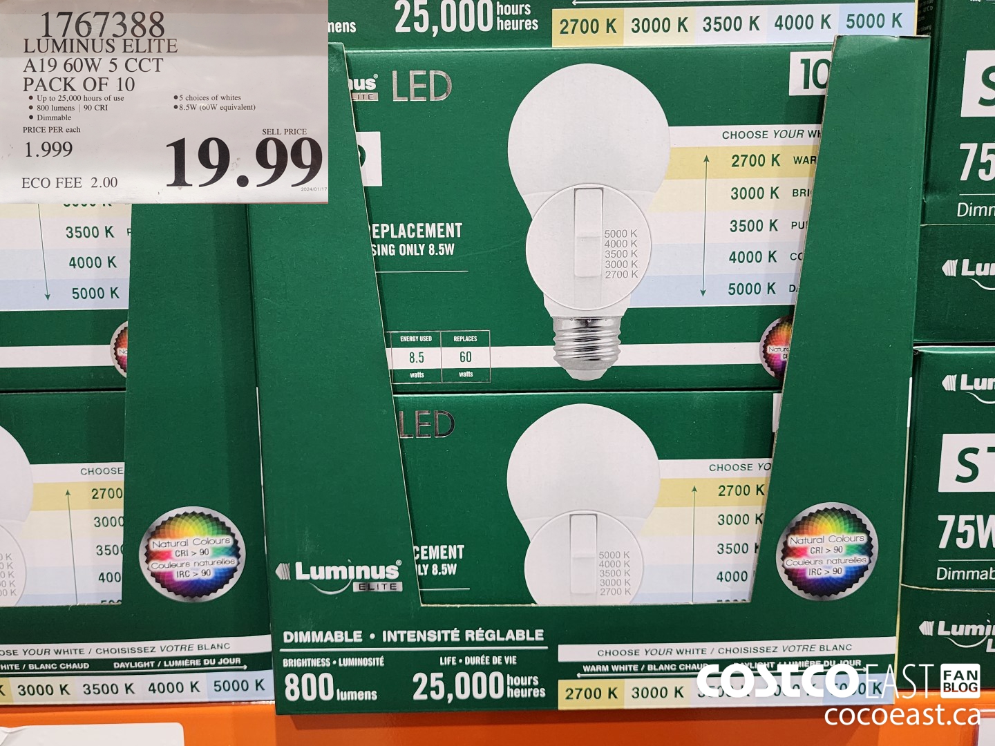 1767388 LUMINUS ELITE A19 60W 5 CCT PACK OF 10 $19.99