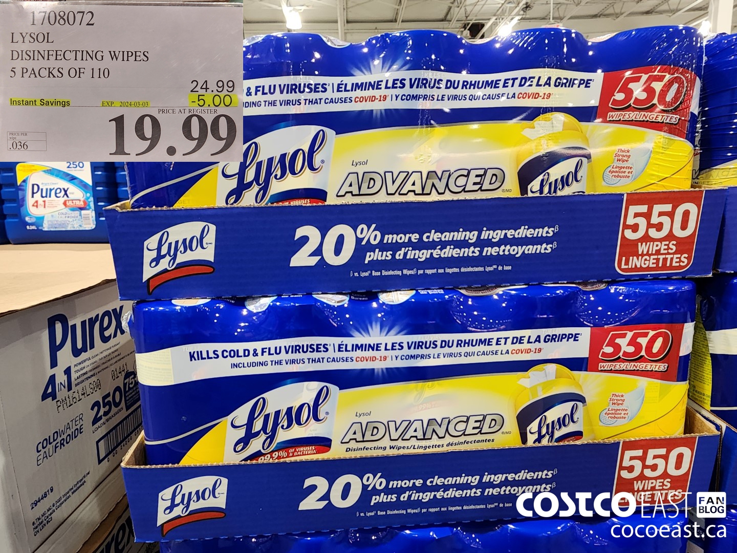 1708072 LYSOL DISINFECTING WIPES 5 PACKS OF 110 ($5.00 INSTANT SAVINGS EXPIRES ON 2024-03-03) $19.99