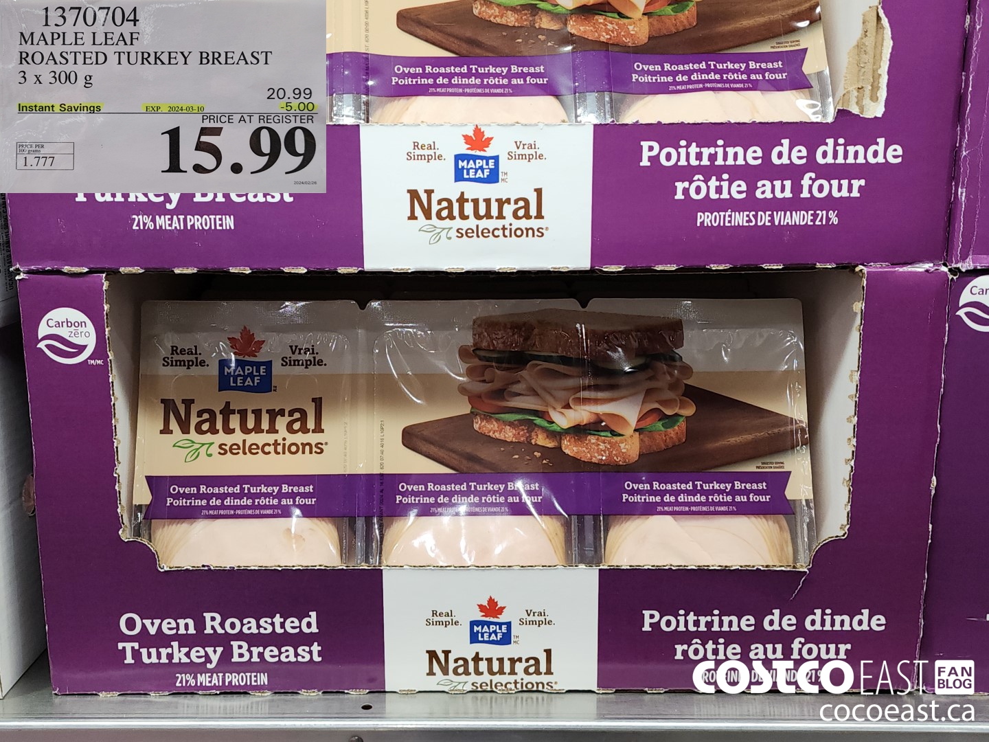 1370704 MAPLE LEAF SLICED TURKEY BREAST 3 x 300 G ($5.00 INSTANT SAVINGS EXPIRES ON 2024-03-10) $15.99