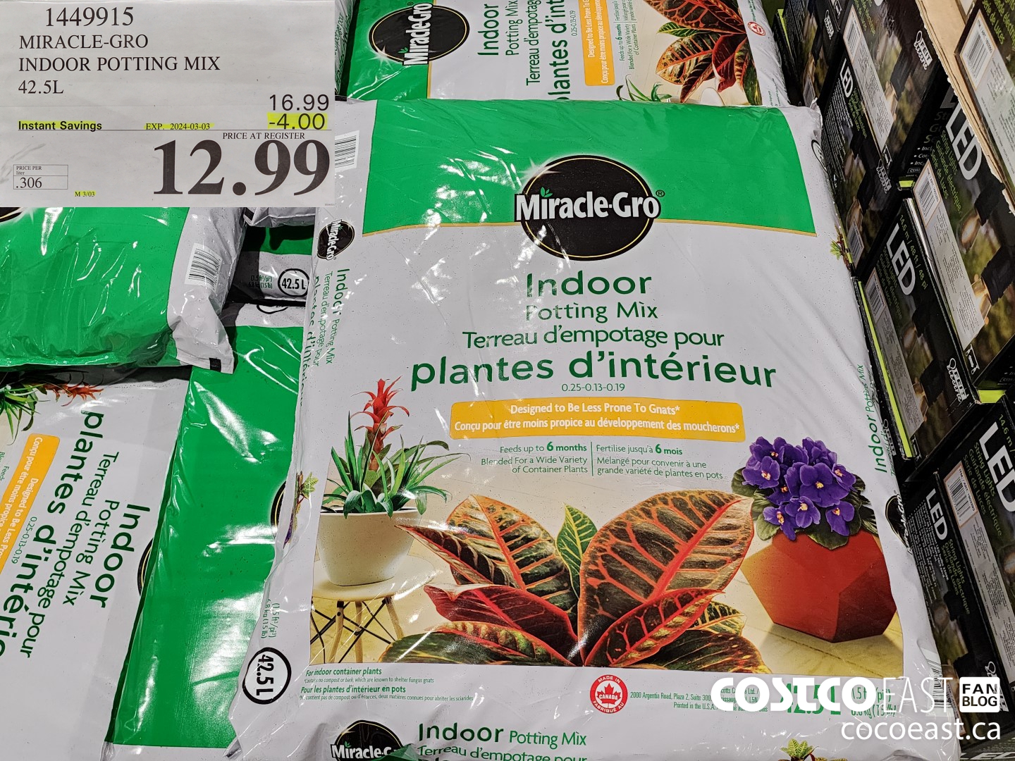 1449915 MIRACLE-GRO INDOOR POTTING MIX 42.5 L ($4.00 INSTANT SAVINGS EXPIRES ON 2024-03-03) $12.99