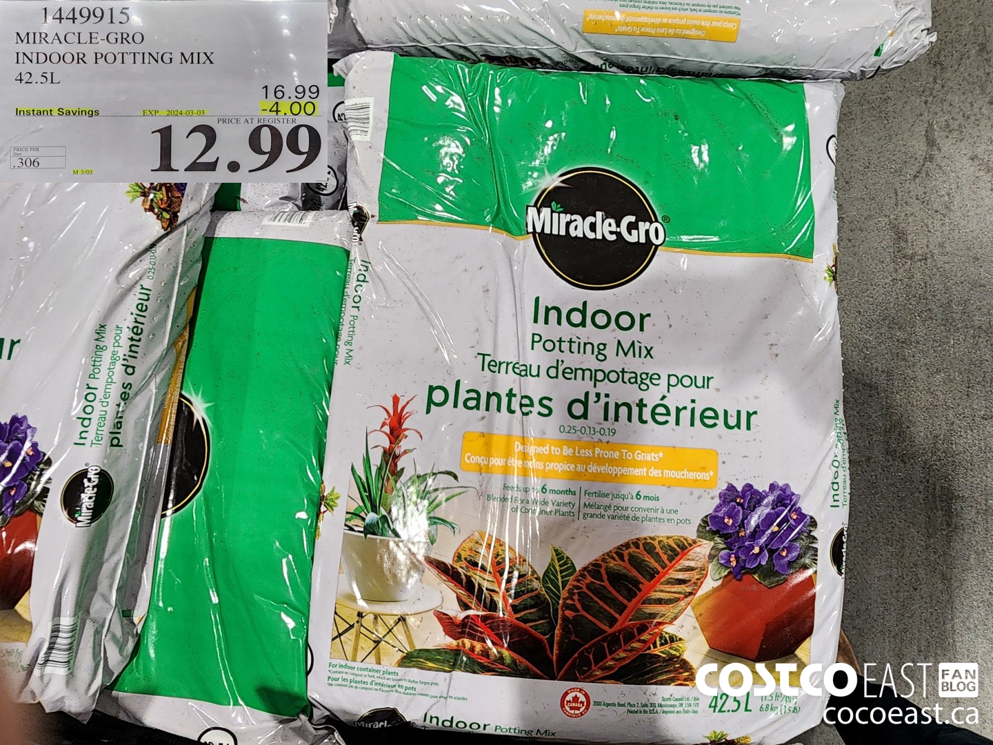 1449915 MIRACLE-GRO INDOOR POTTING MIX 42.5 L ($4.00 INSTANT SAVINGS EXPIRES ON 2024-03-03) $12.99
