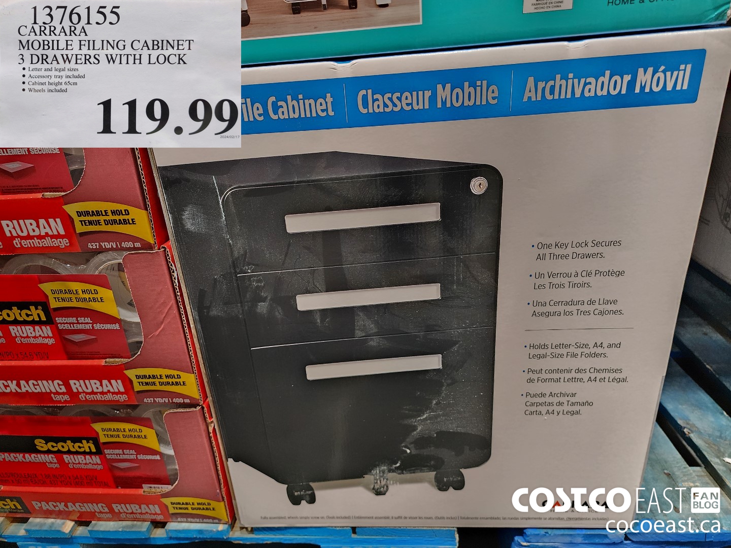 1376155 MOBILE FILING CABINET 3 DRAWERS WITH LOCK $119.99