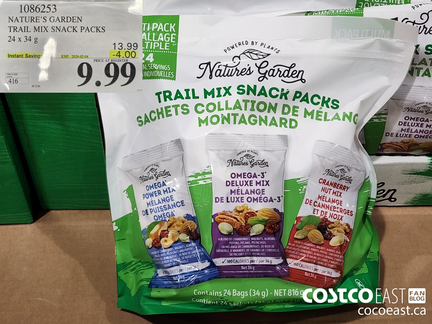 1086253 NATURE'S GARDEN TRAIL MIX SNACK PACKS 24 x 34 G ($4.00 INSTANT SAVINGS EXPIRES ON 2024-02-04) $9.99