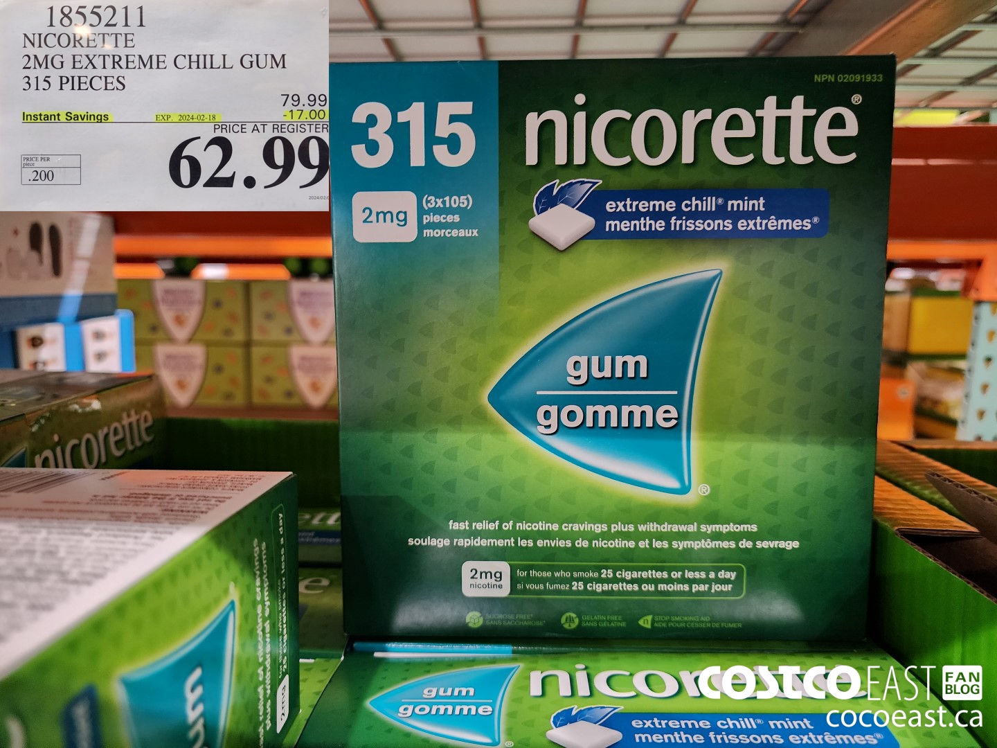 1855211 NICORETTE 2MG EXTREME CHILL GUM 315 PIECES ($17.0 INSTANT SAVINGS EXPIRES ON 2024-02-18) $62.99