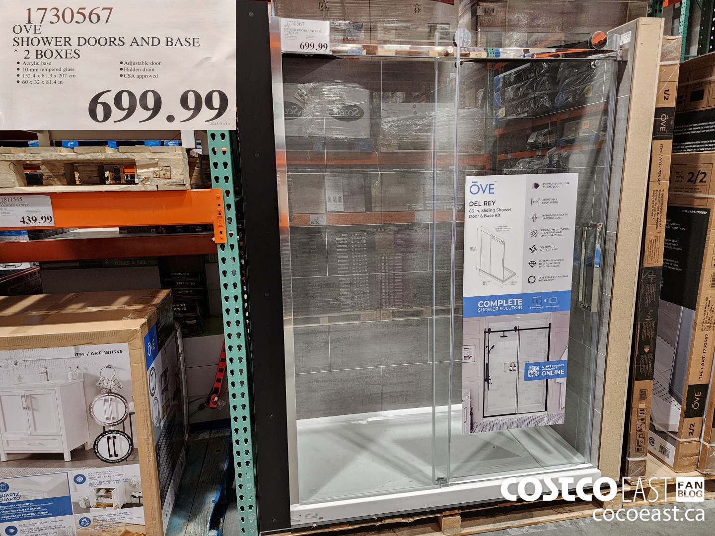 1730567 OVE SHOWER DOORS AND BASE 2 BOXES $699.99