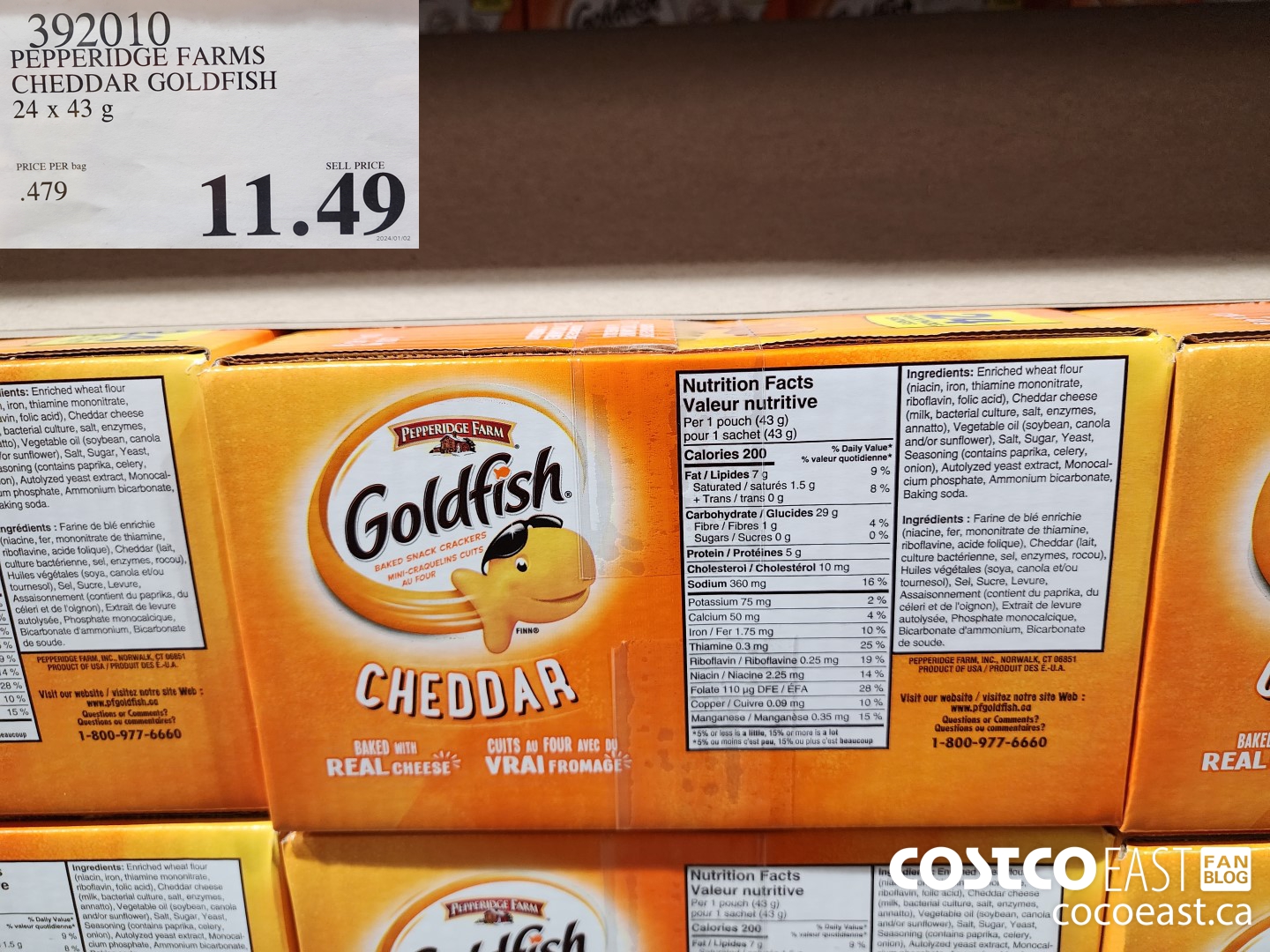 392010 PEPPERIDGE FARMS CHEDDAR GOLDFISH 24 X 43 G $11.49