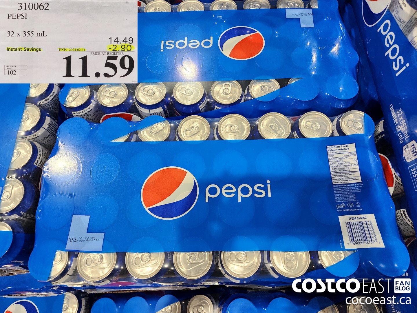 310062 PEPSI 32 X 355 ML ($2.90 INSTANT SAVINGS EXPIRES ON 2024-02-11) $11.59