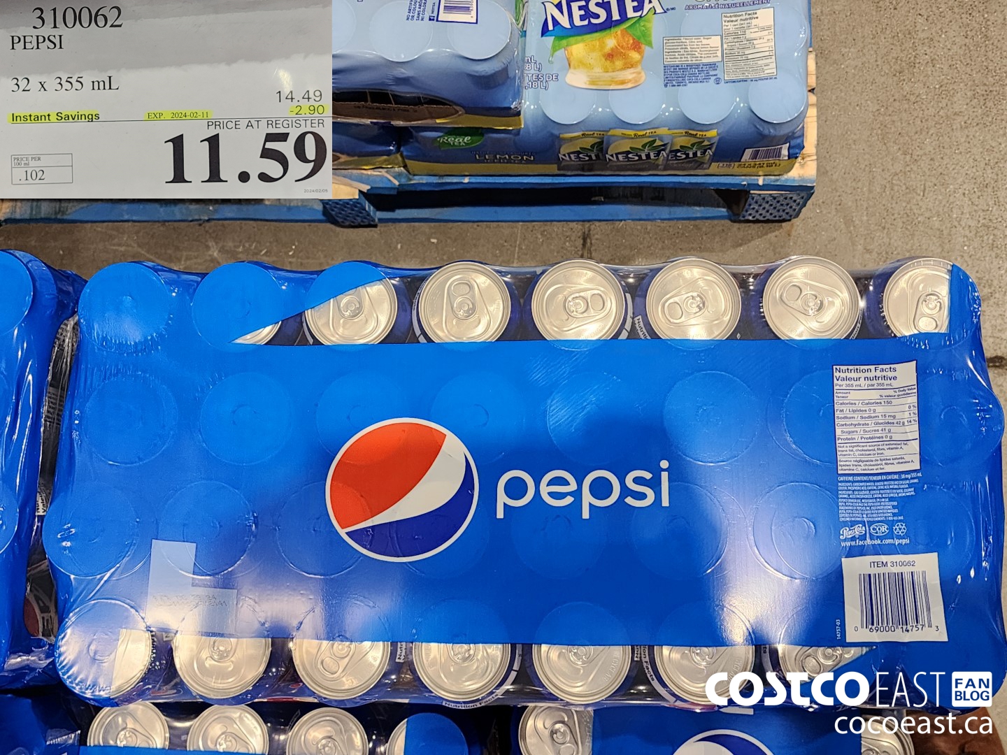 310062 PEPSI 32 X 355 ML ($2.90 INSTANT SAVINGS EXPIRES ON 2024-02-11) $11.59
