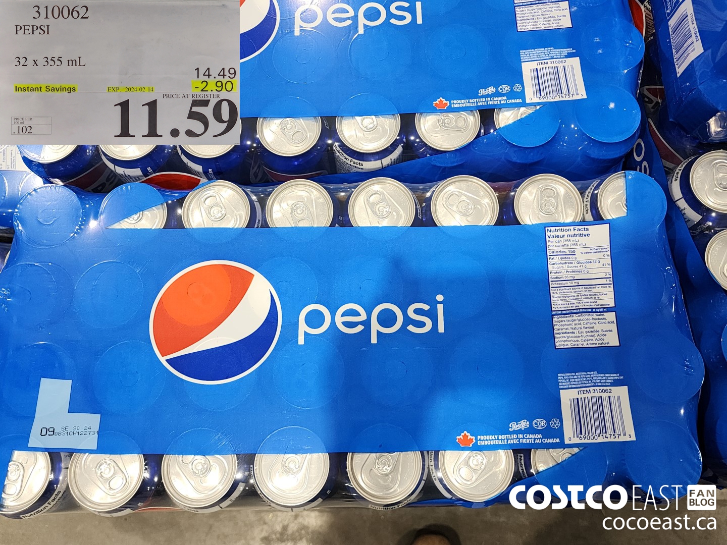 310062 PEPSI 32 X 355 ML ($2.90 INSTANT SAVINGS EXPIRES ON 2024-02-14) $11.59