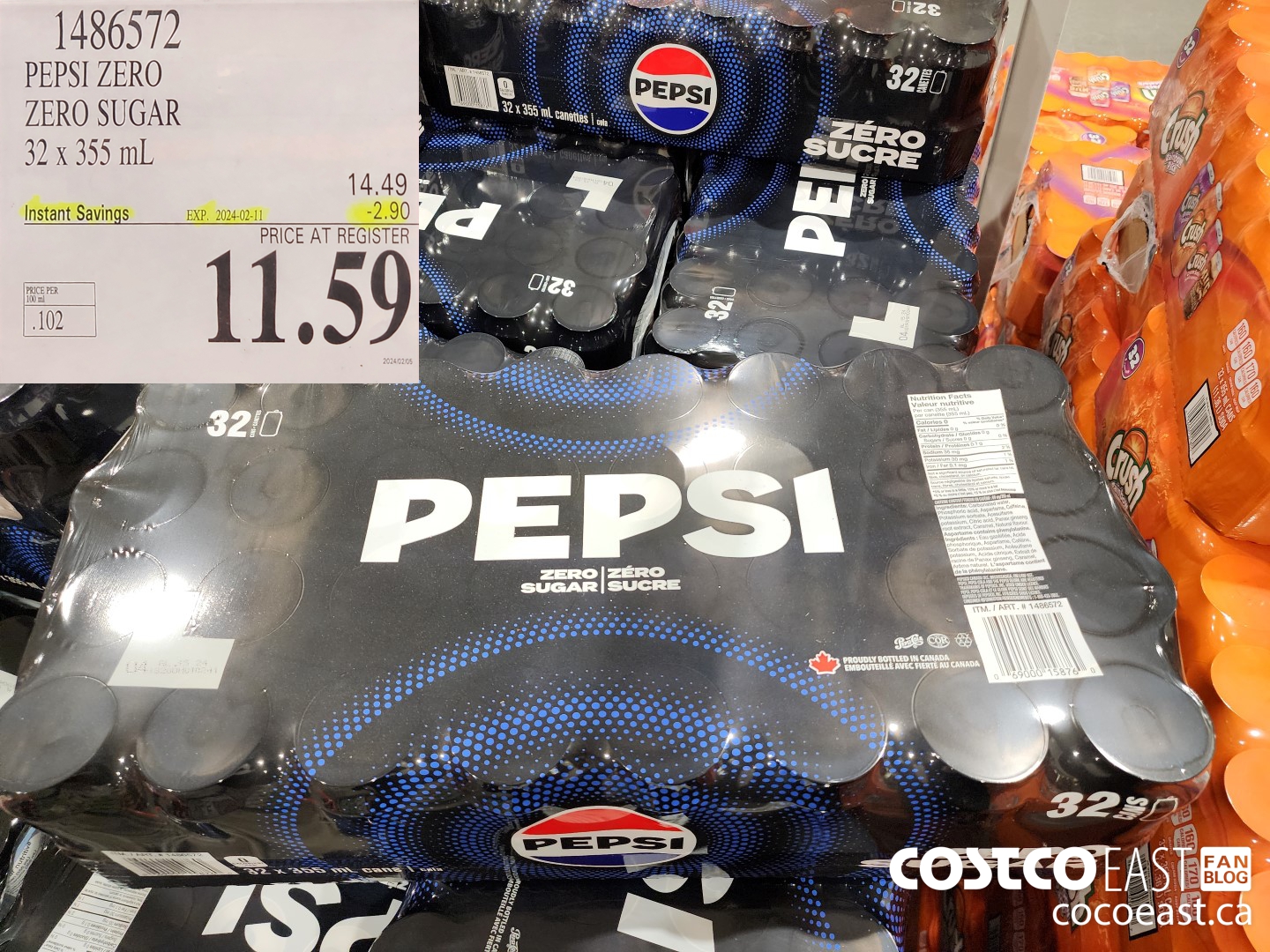 1486572 PEPSI ZERO ZERO SUGAR 32 X 355 ML ($2.90 INSTANT SAVINGS EXPIRES ON 2024-02-11) $11.59