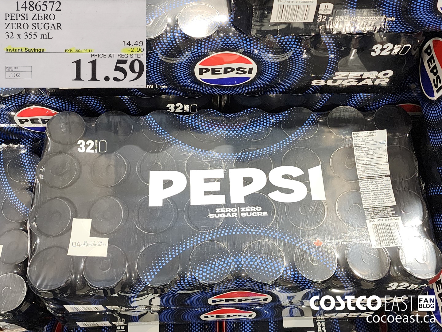 1486572 PEPSI ZERO ZERO SUGAR 32 X 355 ML ($2.90 INSTANT SAVINGS EXPIRES ON 2024-02-11) $11.59
