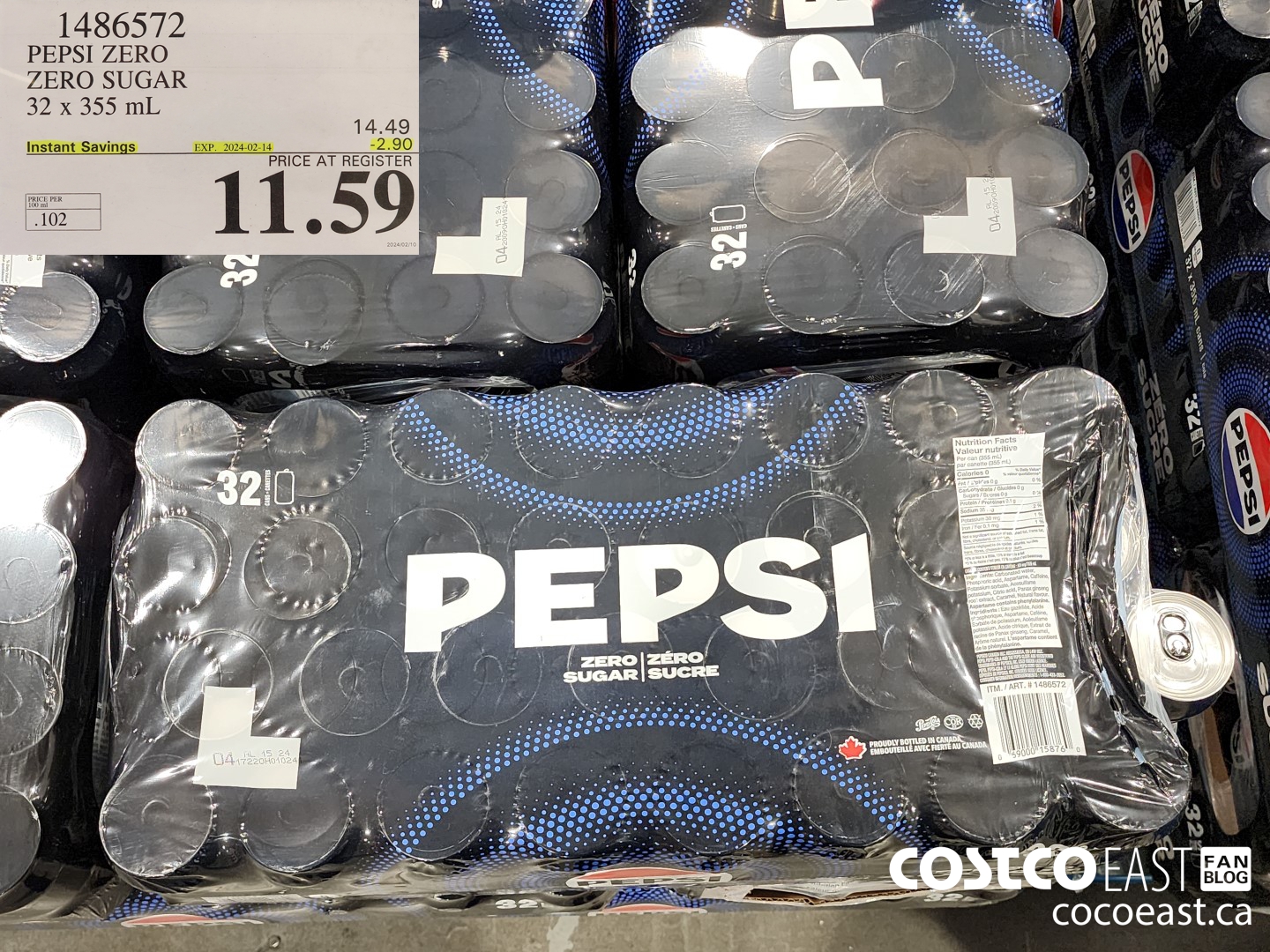 1486572 PEPSI ZERO ZERO SUGAR 32 X 355 ML ($2.90 INSTANT SAVINGS EXPIRES ON 2024-02-14) $11.59
