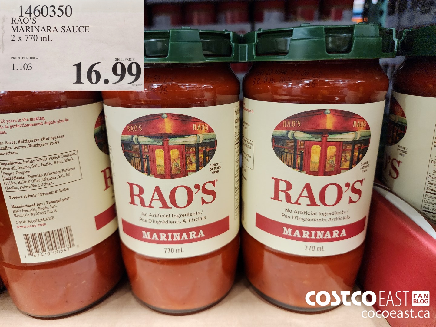 1460350 RAO'S MARINARA SAUCE 2 x 770 mL $16.99