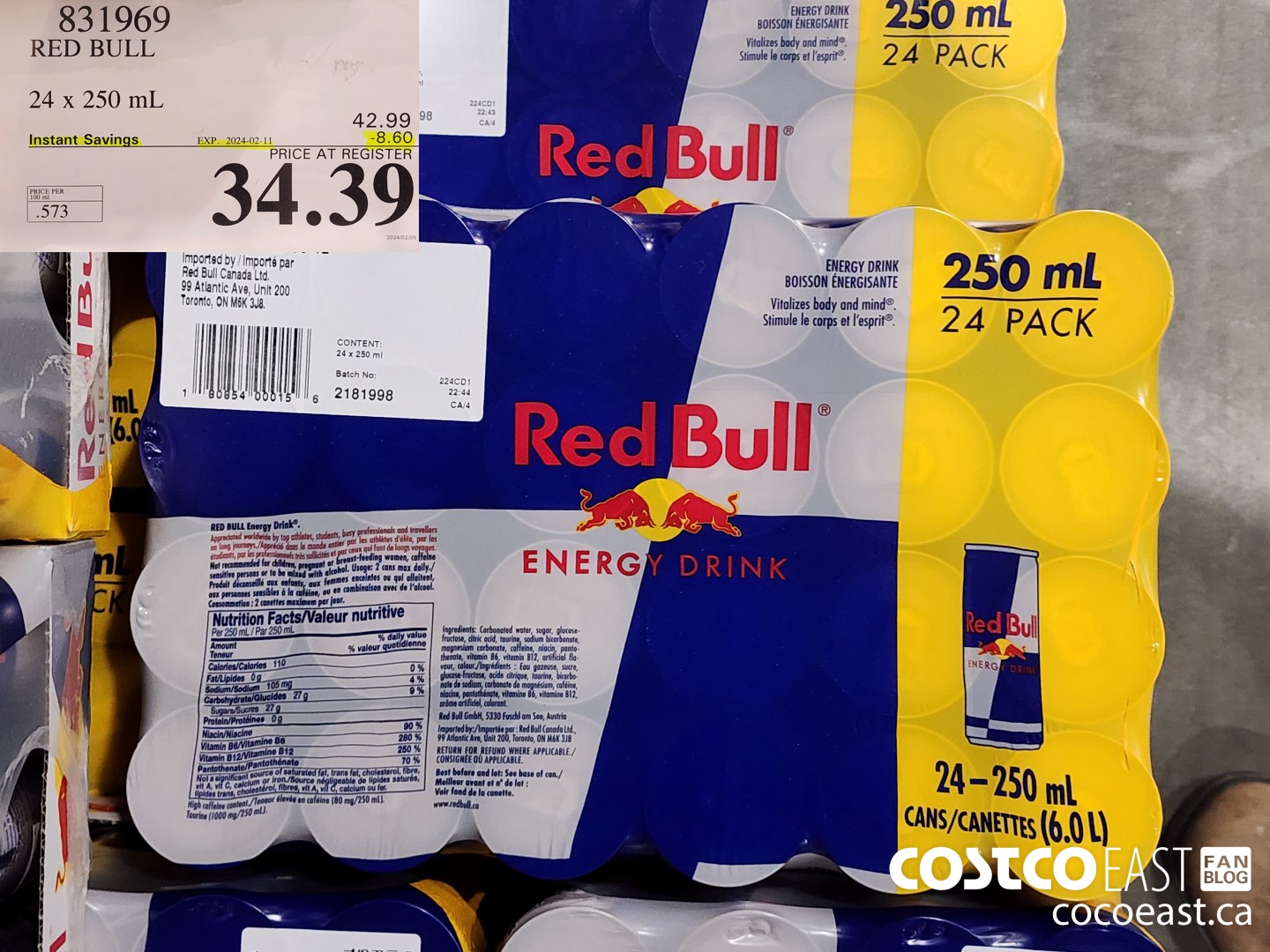 831969 RED BULL ENERGY DRINK 24 x 250 mL ($8.60 INSTANT SAVINGS EXPIRES ON 2024-02-11) $34.39