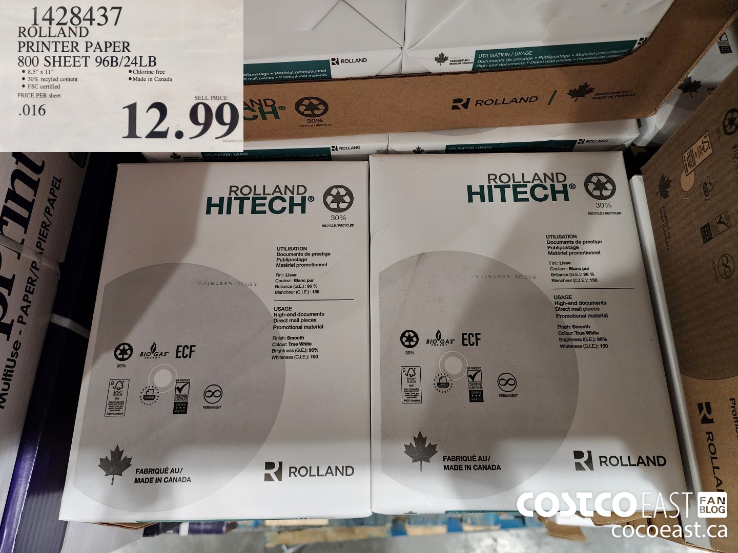 14238437 ROLLAND PRINTER PAPER 800 SHEET 96B/24LB $12.99