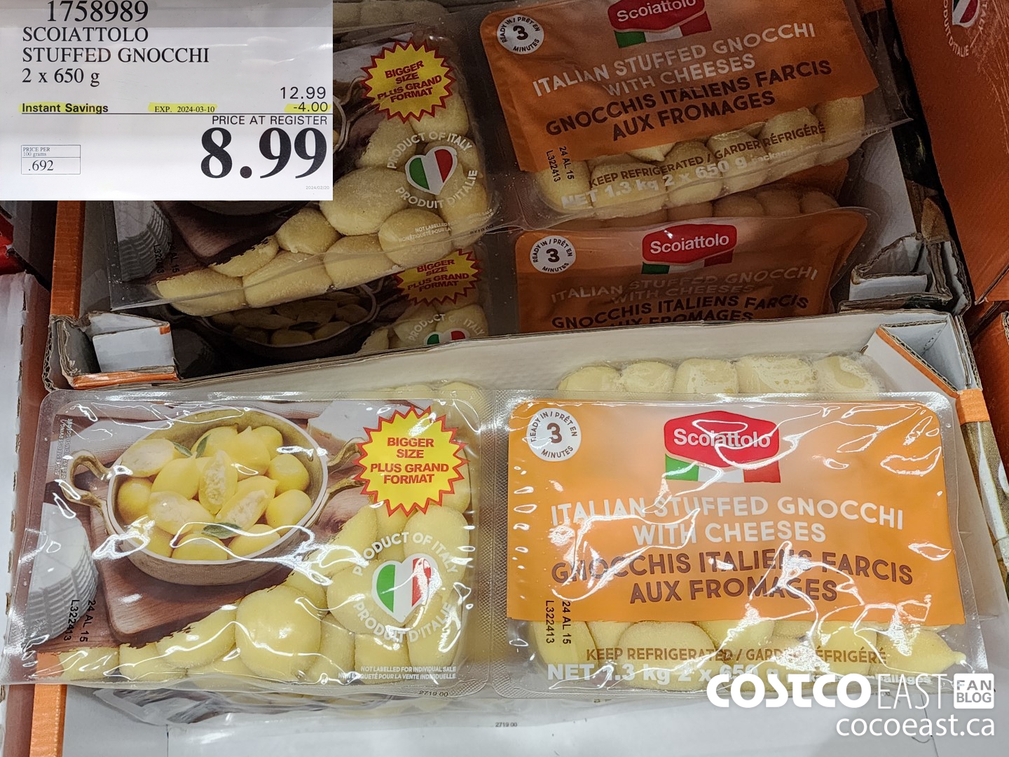 1758989 SCOIATTOLO STUFFED GNOCCHI 2 x 650 g ($4.00 INSTANT SAVINGS EXPIRES ON 2024-03-10) $8.99