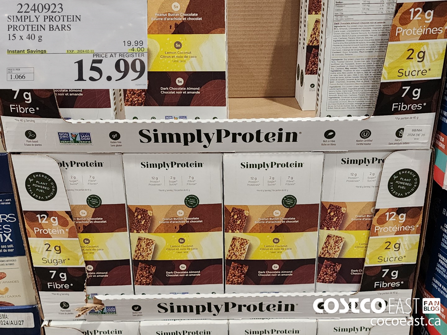 2240923 SIMPLY PROTEIN PROTEIN BARS 15 x 40 g ($4.00 INSTANT SAVINGS EXPIRES ON 2024-02-11) $15.99