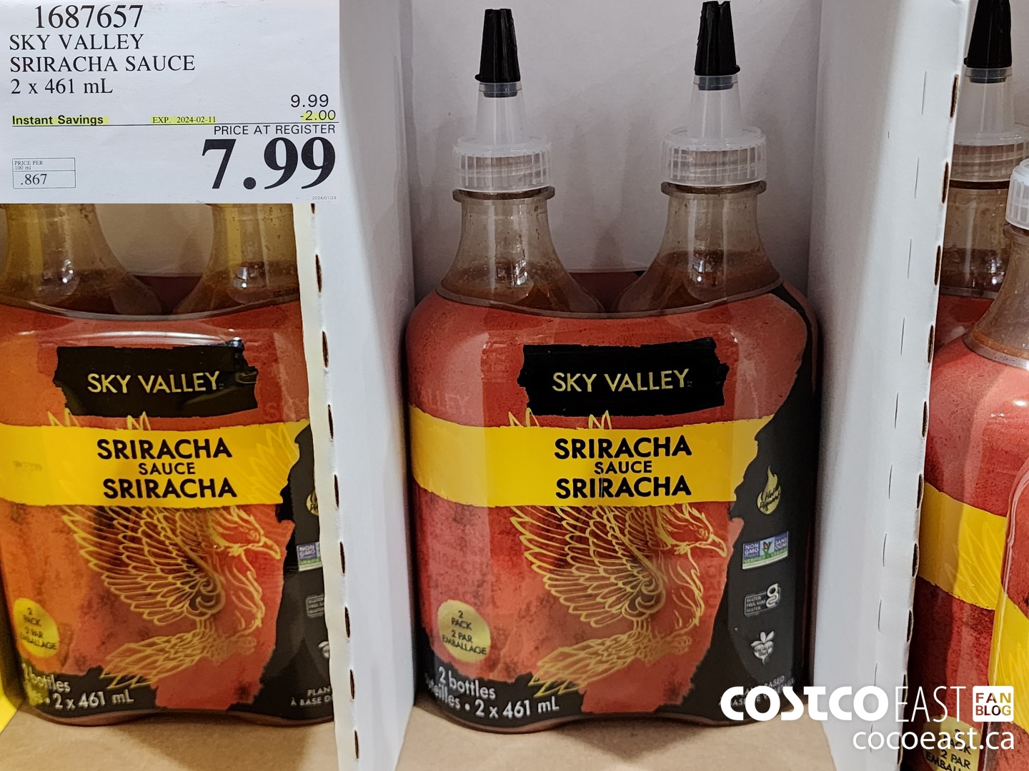 1687657 SKY VALLEY SRIRACHA SAUCE 2 x 461 mL ($2.00 INSTANT SAVINGS EXPIRES ON 2024-02-11) $7.99