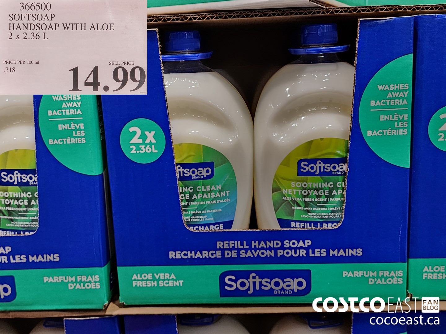 366500 SOFTSOAP HANDSOAP WITH ALOE 2 X 2.36 L $14.99