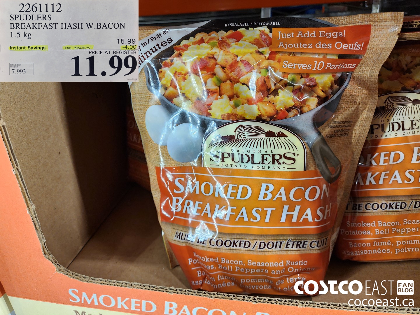 2261112 SPUDLERS BREAKFAST HASH W.BACON 1.5 KG ($4.00 INSTANT SAVINGS EXPIRES ON 2024-02-25) $11.99