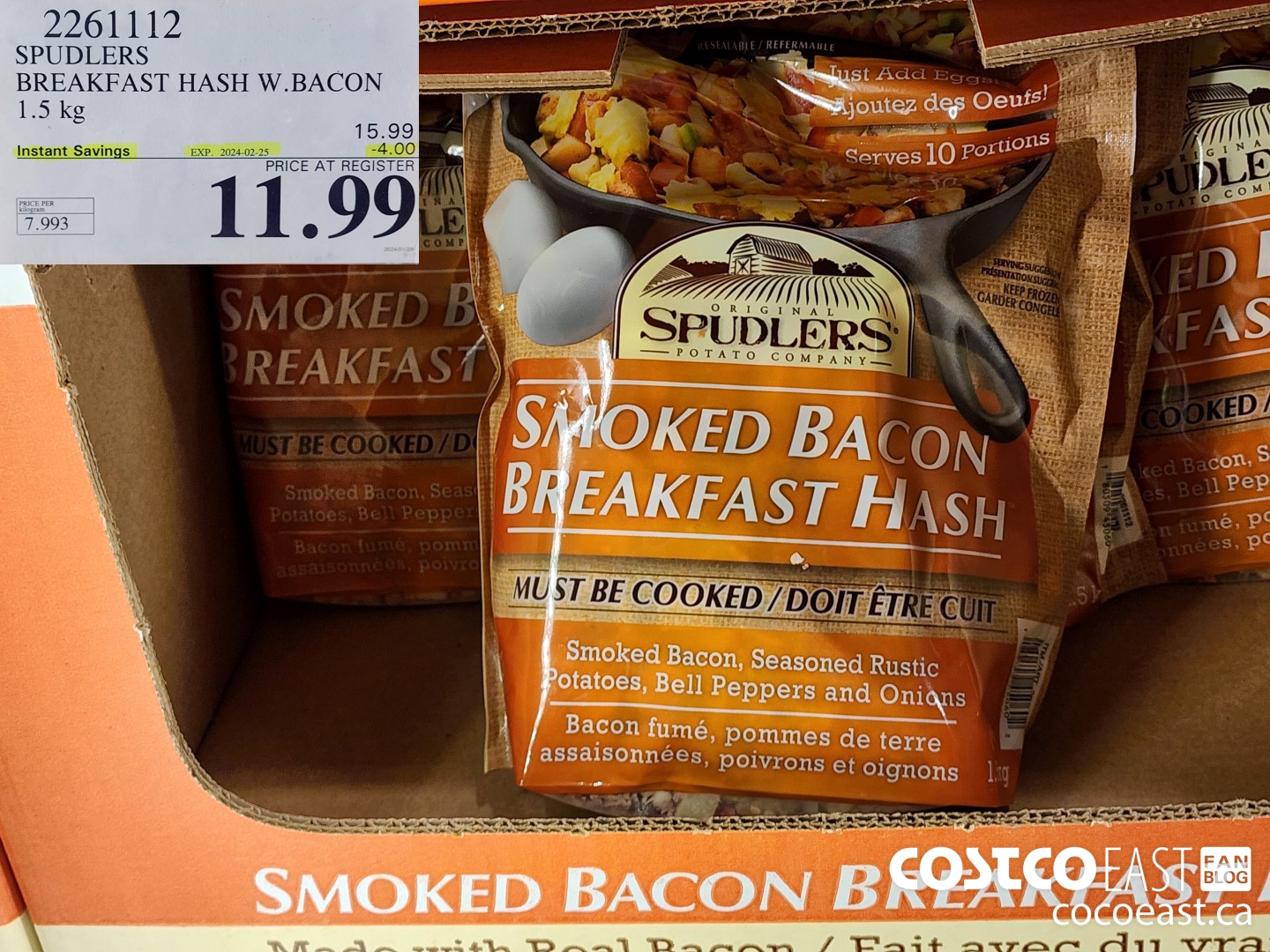 2261112 SPUDLERS BREAKFAST HASH W.BACON 1.5 KG ($4.00 INSTANT SAVINGS EXPIRES ON 2024-02-25) $11.99