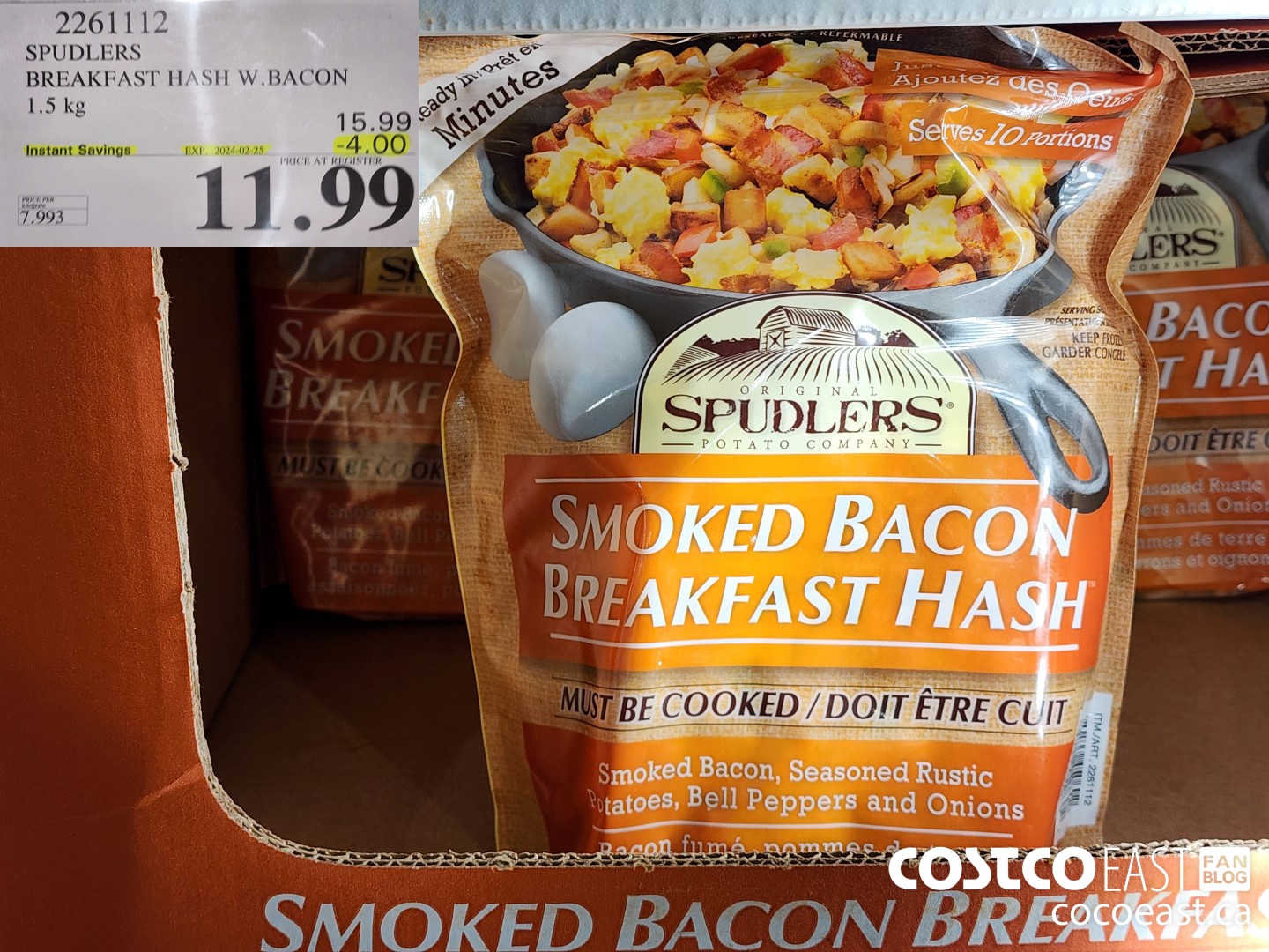 2261112 SPUDLERS BREAKFAST HASH W.BACON 1.5 KG ($4.00 INSTANT SAVINGS EXPIRES ON 2024-02-25) $11.99