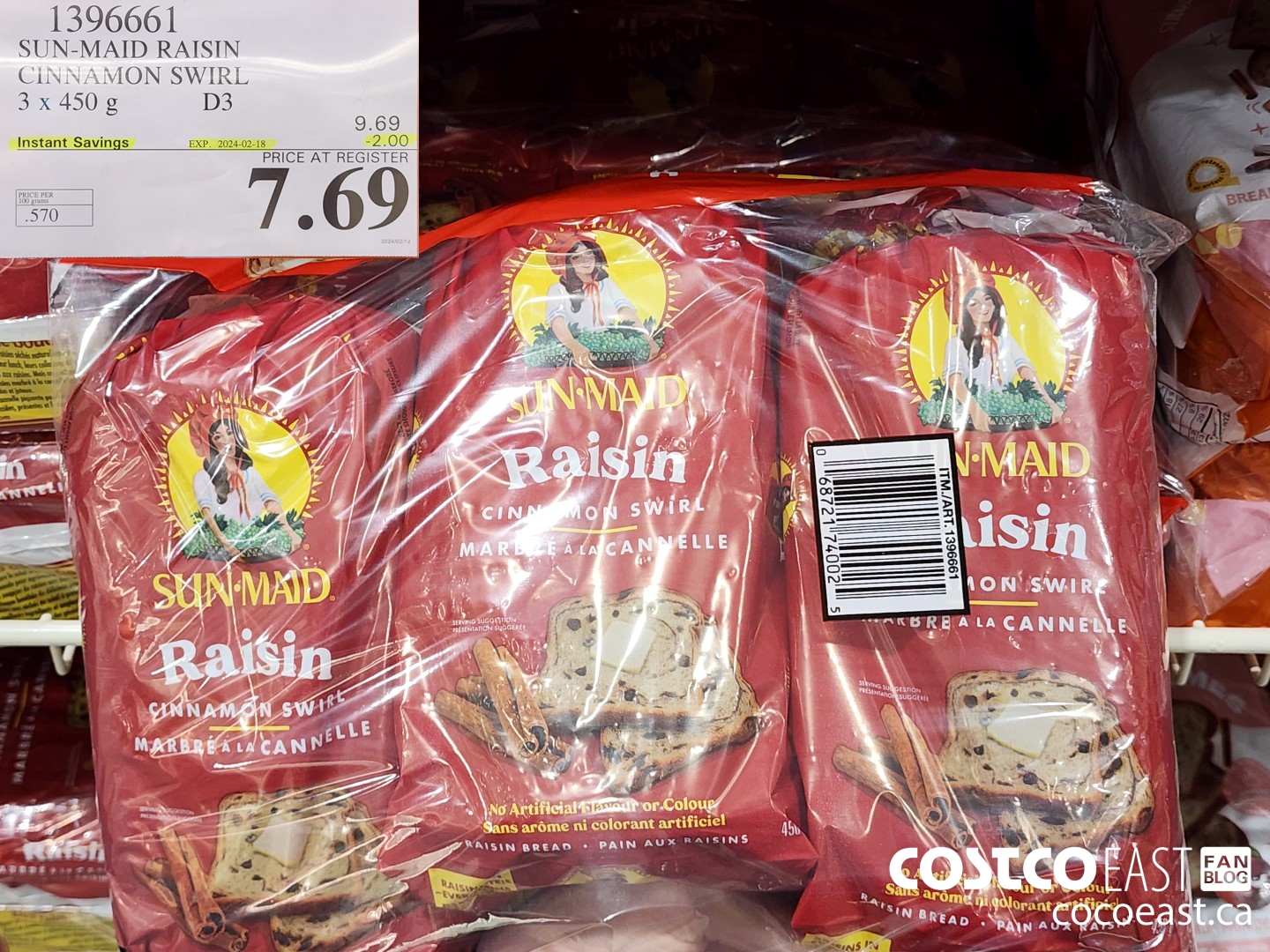 1396661 SUN-MAID RAISIN CINNAMON SWIRL 3 x 450 g ($2.00 INSTANT SAVINGS EXPIRES ON 2024-02-18) $7.69