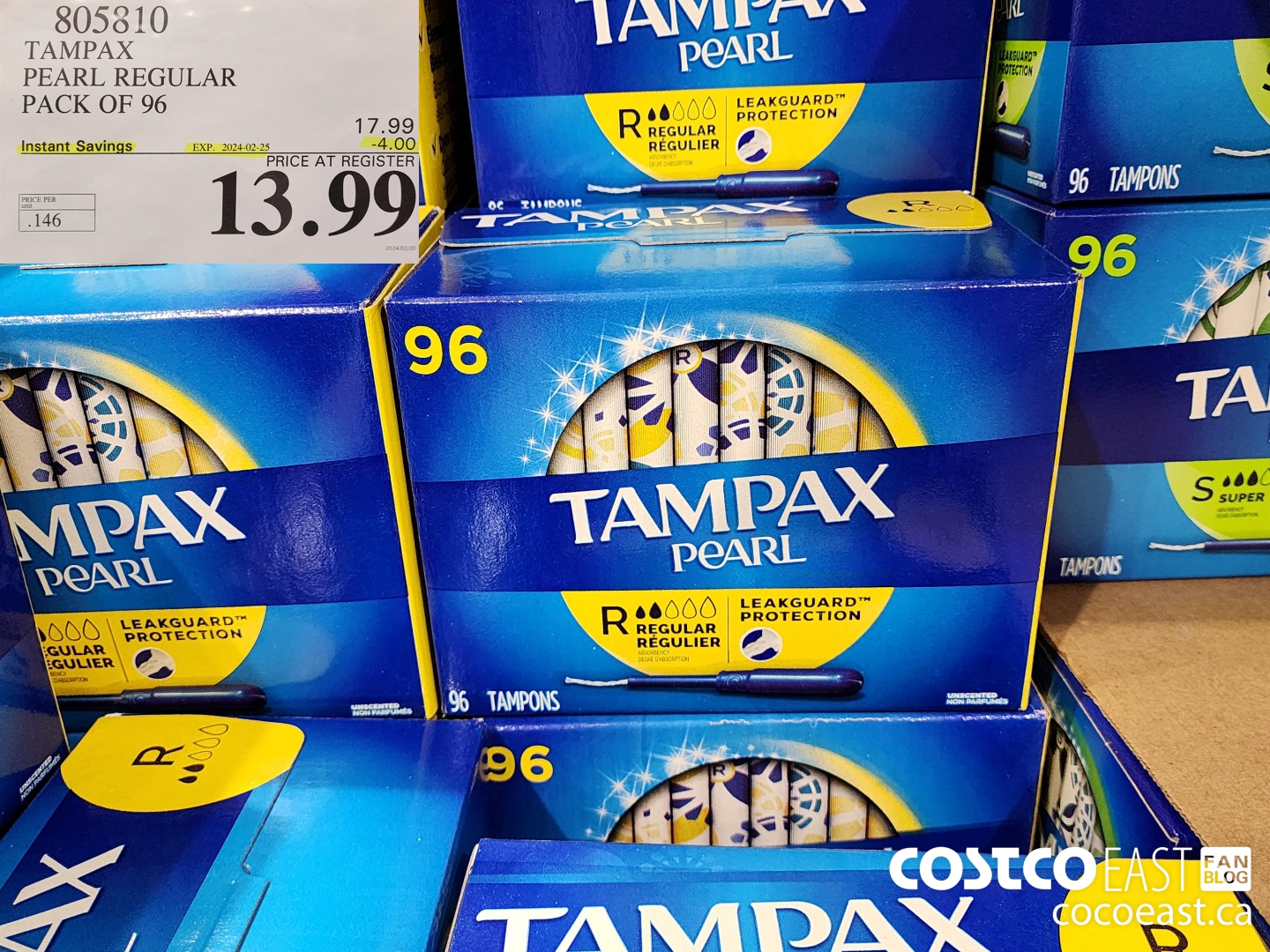 805810 TAMPAX PEARL REGULAR PACK OF 96 ($4.00 INSTANT SAVINGS EXPIRES ON 2024-02-25) $13.99