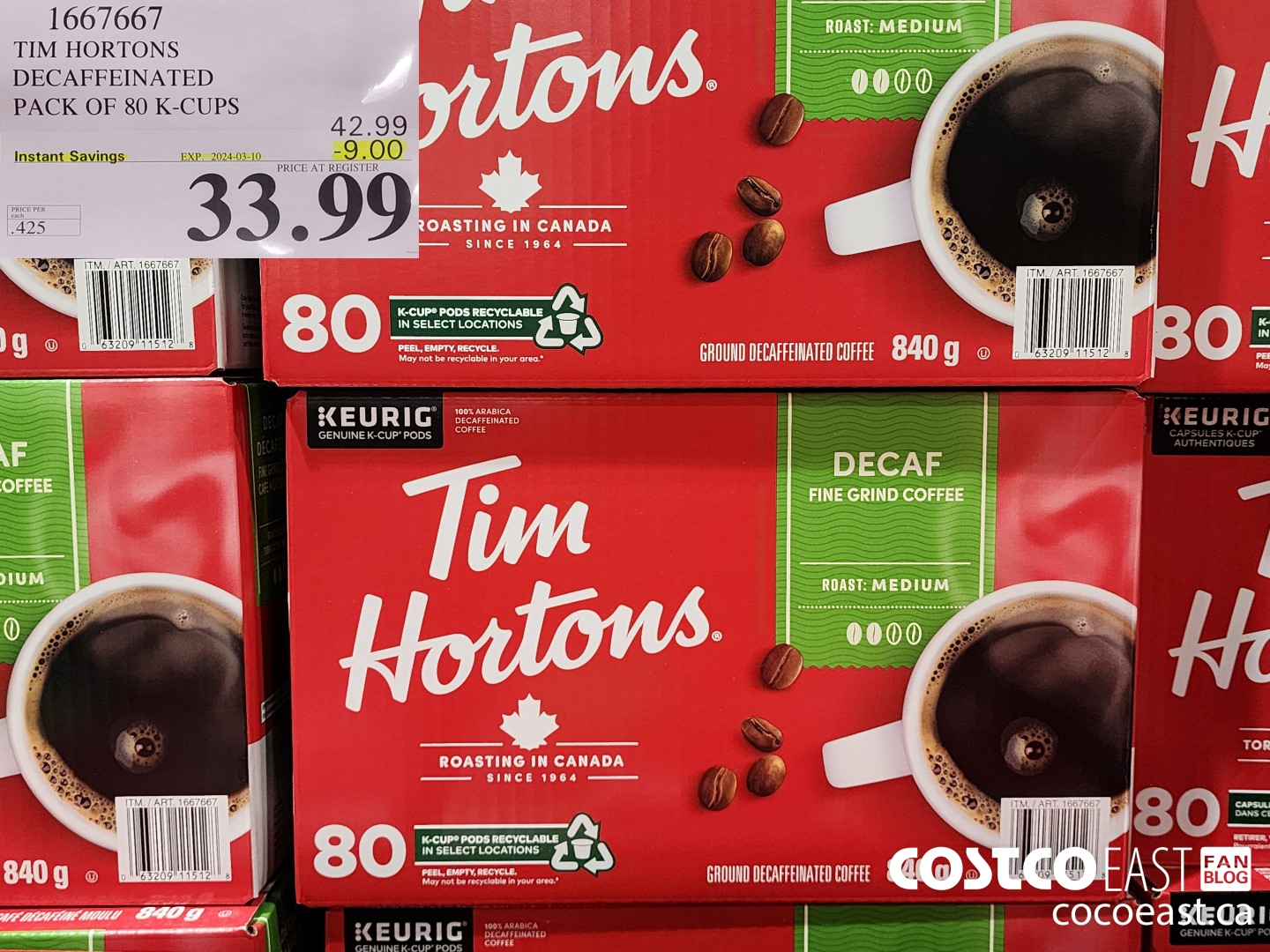 1667667 TIM HORTONS DECAFFEINATED PACK OF 80 K-CUPS ($9.00 INSTANT SAVINGS EXPIRES ON 2024-03-10) $33.99