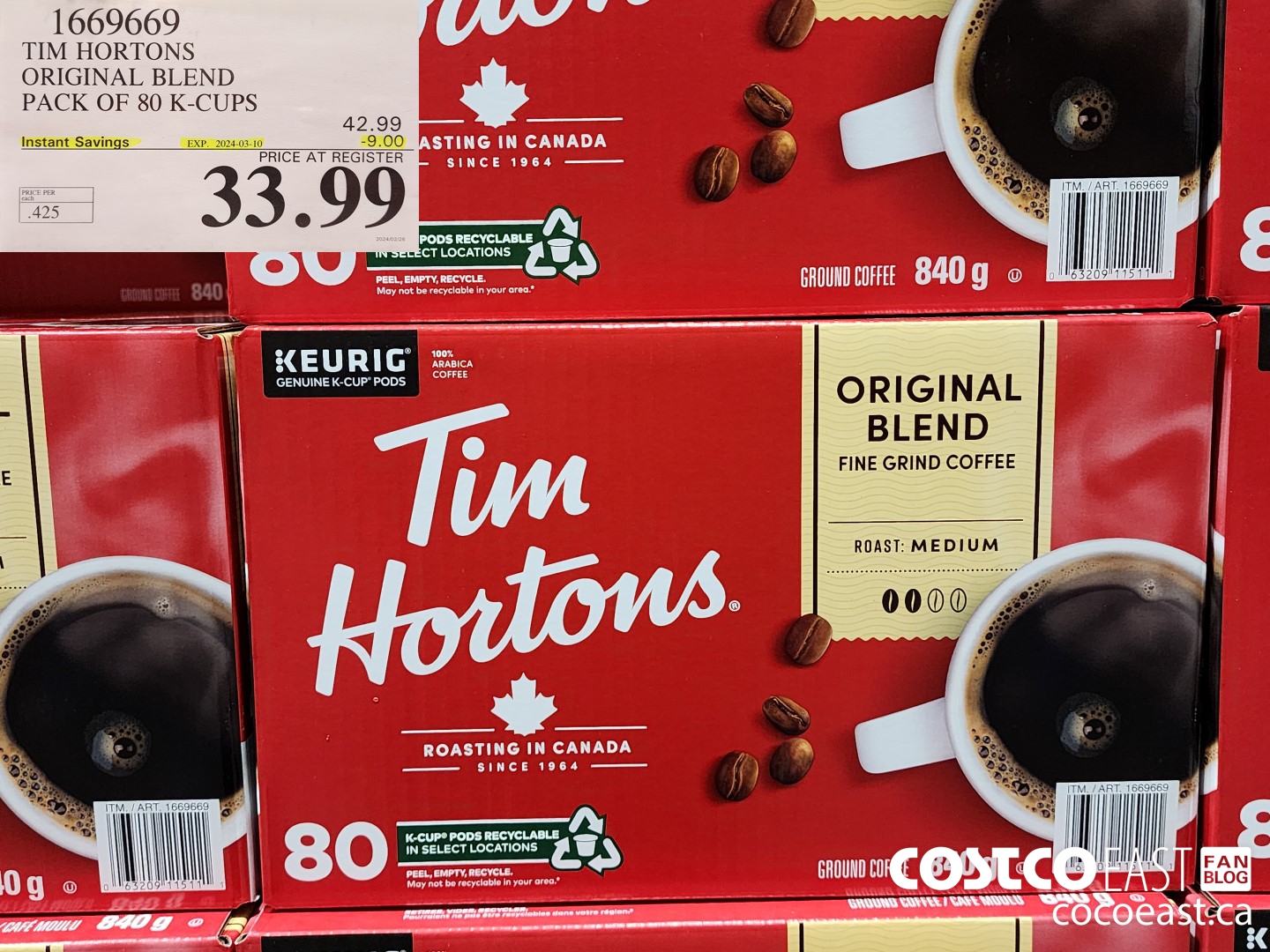 1669669 TIM HORTONS ORIGINAL BLEND PACK OF 80 K-CUPS ($9.00 INSTANT SAVINGS EXPIRES ON 2024-03-10) $33.99