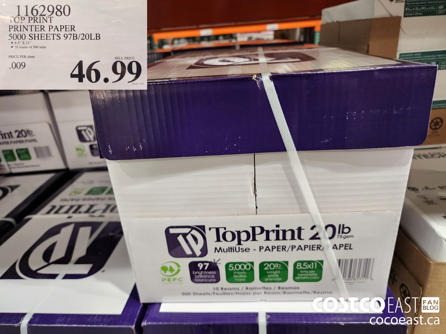 1162980 TOP PRINT COPY PAPER 5000 SHEETS 97B/20LB $46.99
