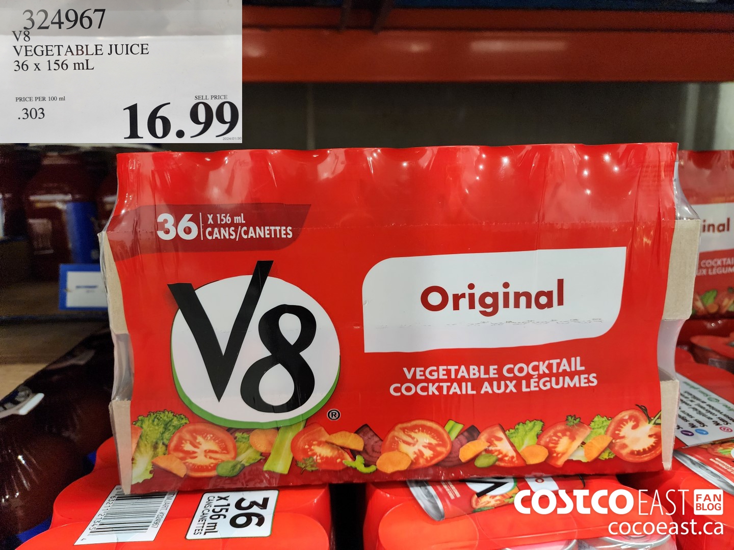 324967 V8 VEGETABLE JUICE 36 x 156 mL $16.99