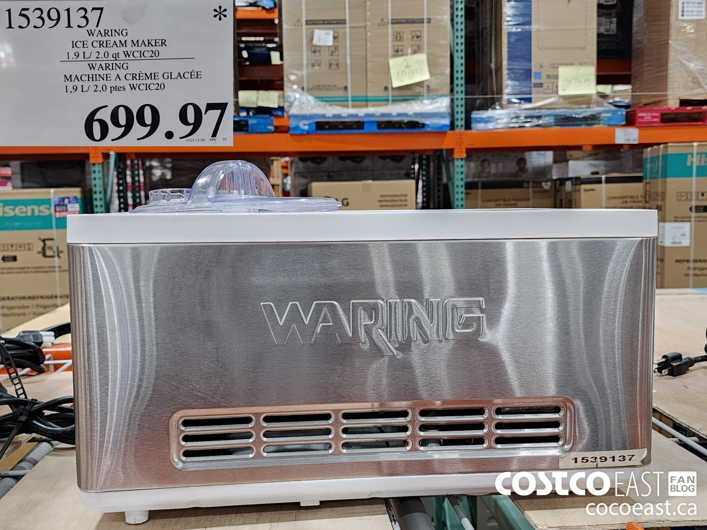 1539137 WARING ICE CREAM MAKER 1.9 L/ 2.0 QT WCIC20 $699.97