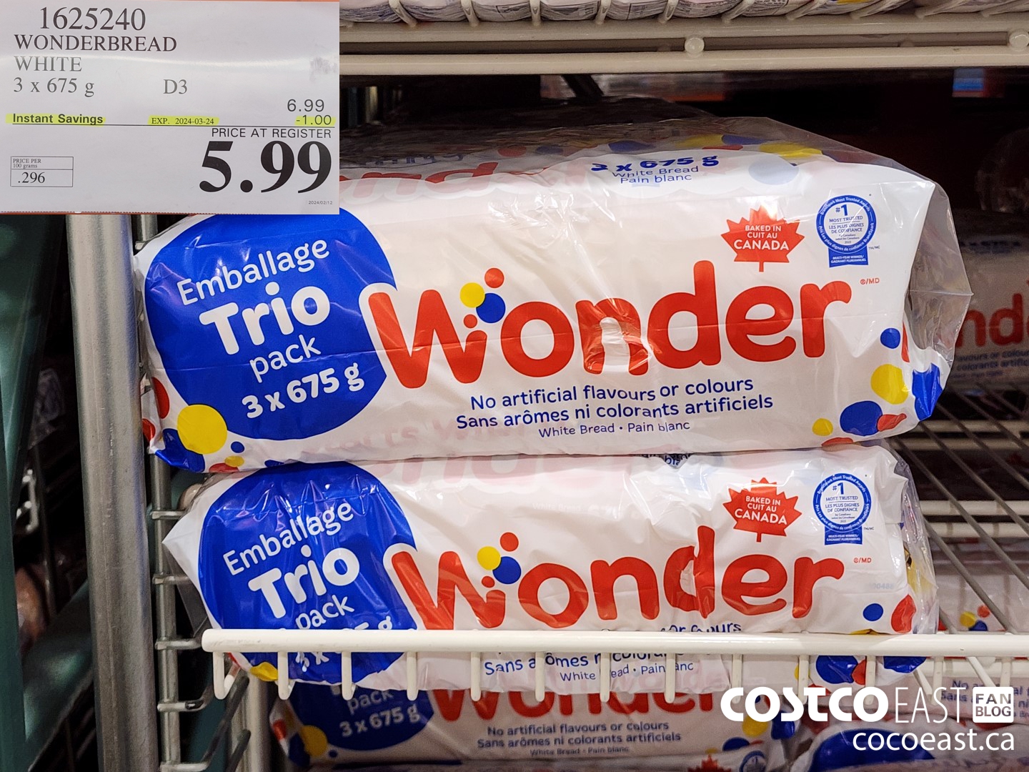 1625240 WONDERBREAD WHITE 3 X 675 G 5.999 (EXPIRES ON 2024-03-24) $1.00