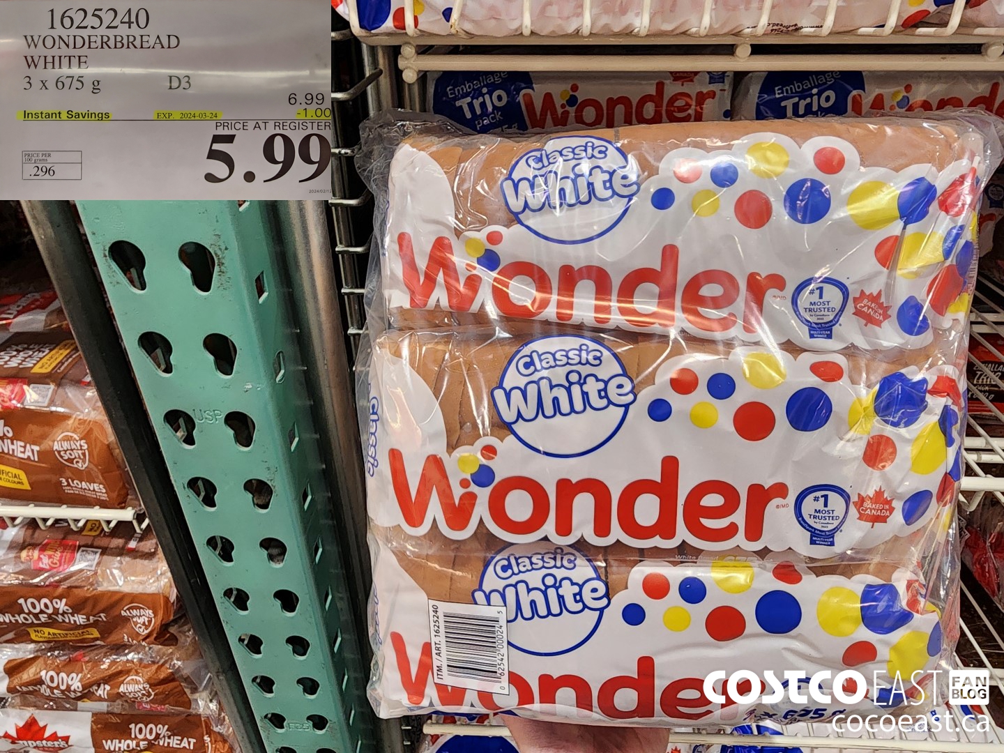 1625240 WONDERBREAD WHITE 3 X 675 G ($1.00 INSTANT SAVINGS EXPIRES ON 2024-03-24) $5.00