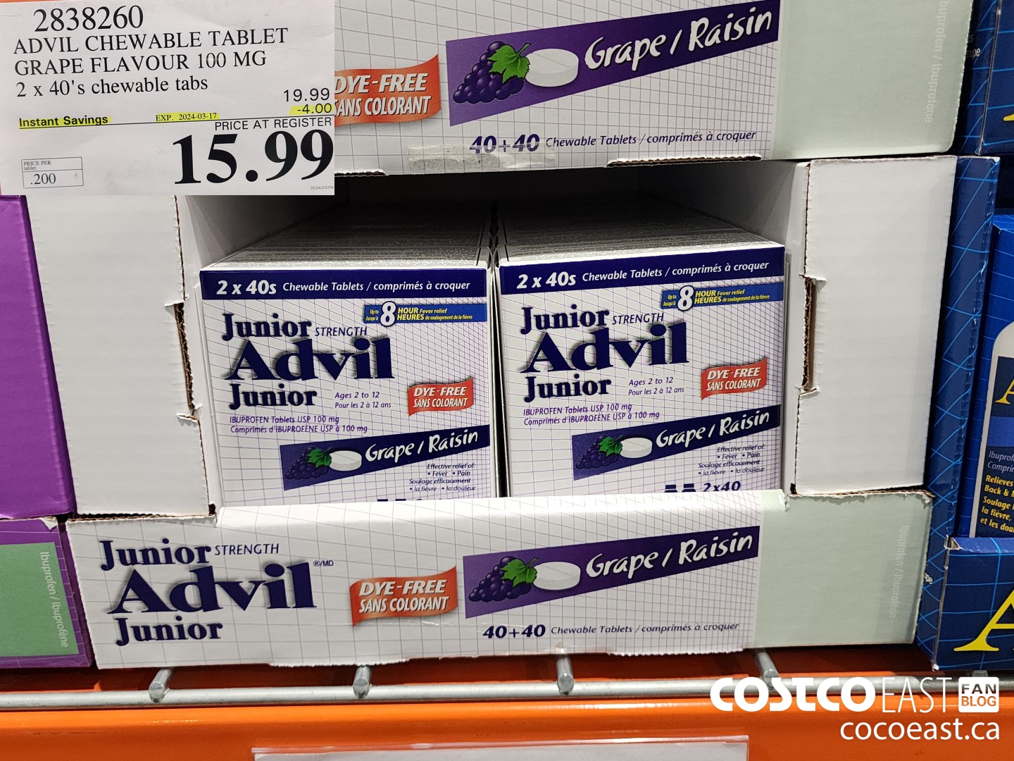 2838260 ADVIL CHEWABLE TABLET GRAPE FLAVOUR 100 MG 2 X 40'S CHEWABLE TABS ($4.00 INSTANT SAVINGS EXPIRES ON 2024-03-17) $15.99