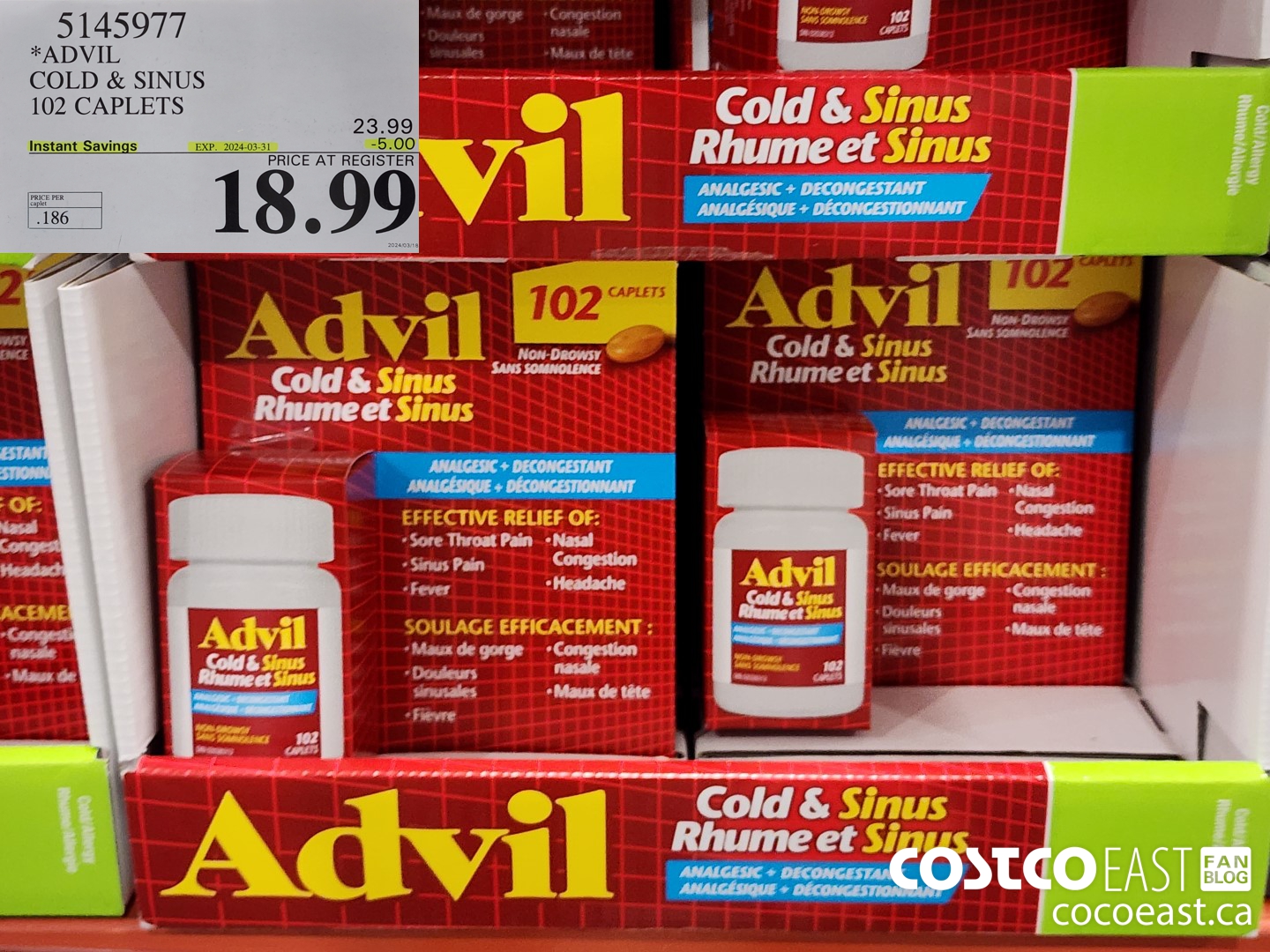 5145977 ADVIL COLD & SINUS 102 CAPLETS ($5.00 INSTANT SAVINGS EXPIRES ON 2024-03-31) $18.99