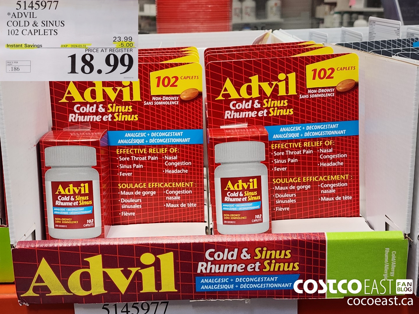 5145977 ADVIL COLD & SINUS 102 CAPLETS ($5.00 INSTANT SAVINGS EXPIRES ON 2024-03-31) $18.99