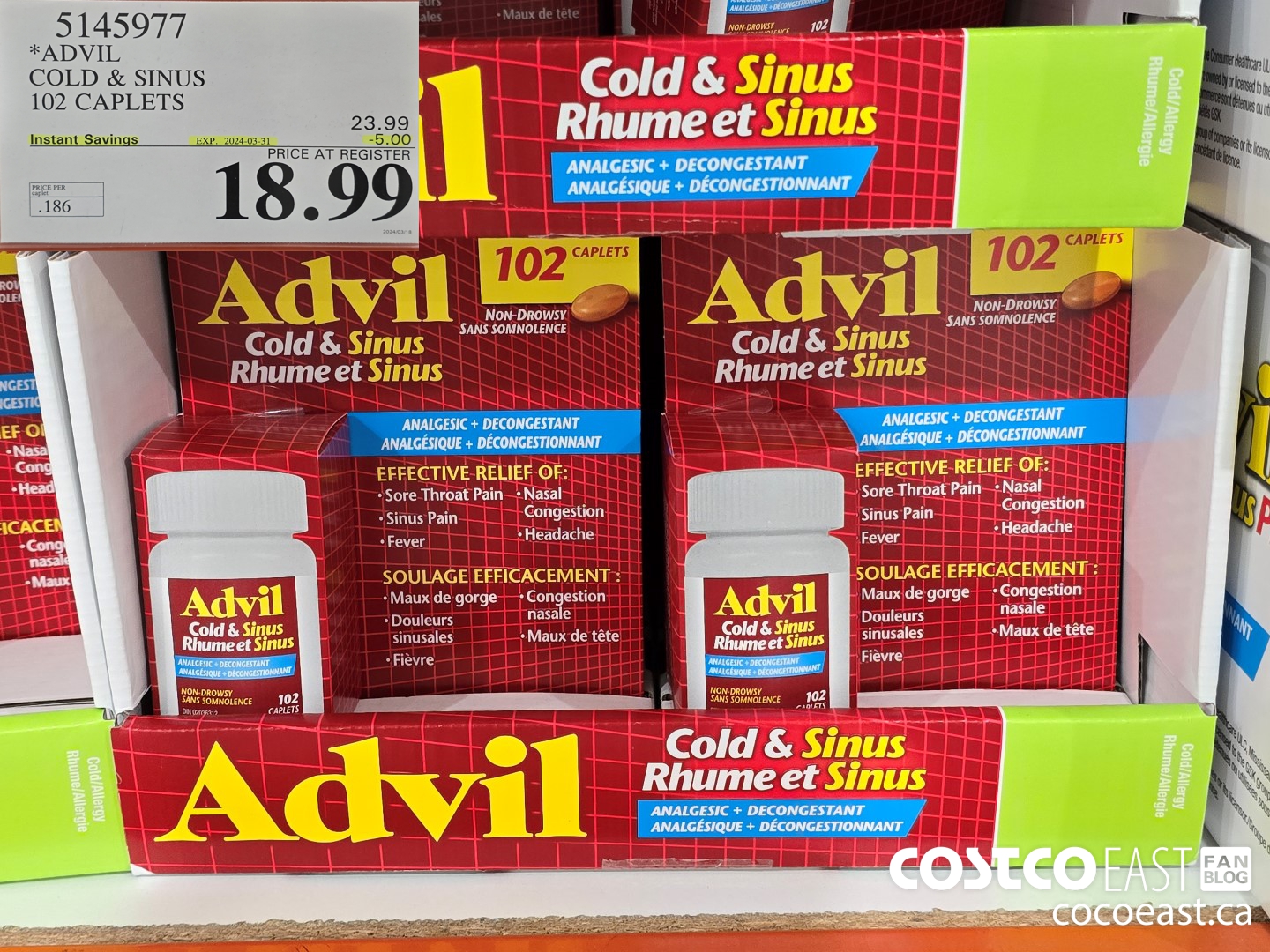 5145977 ADVIL COLD & SINUS 102 CAPLETS ($5.00 INSTANT SAVINGS EXPIRES ON 2024-03-31) $18.99